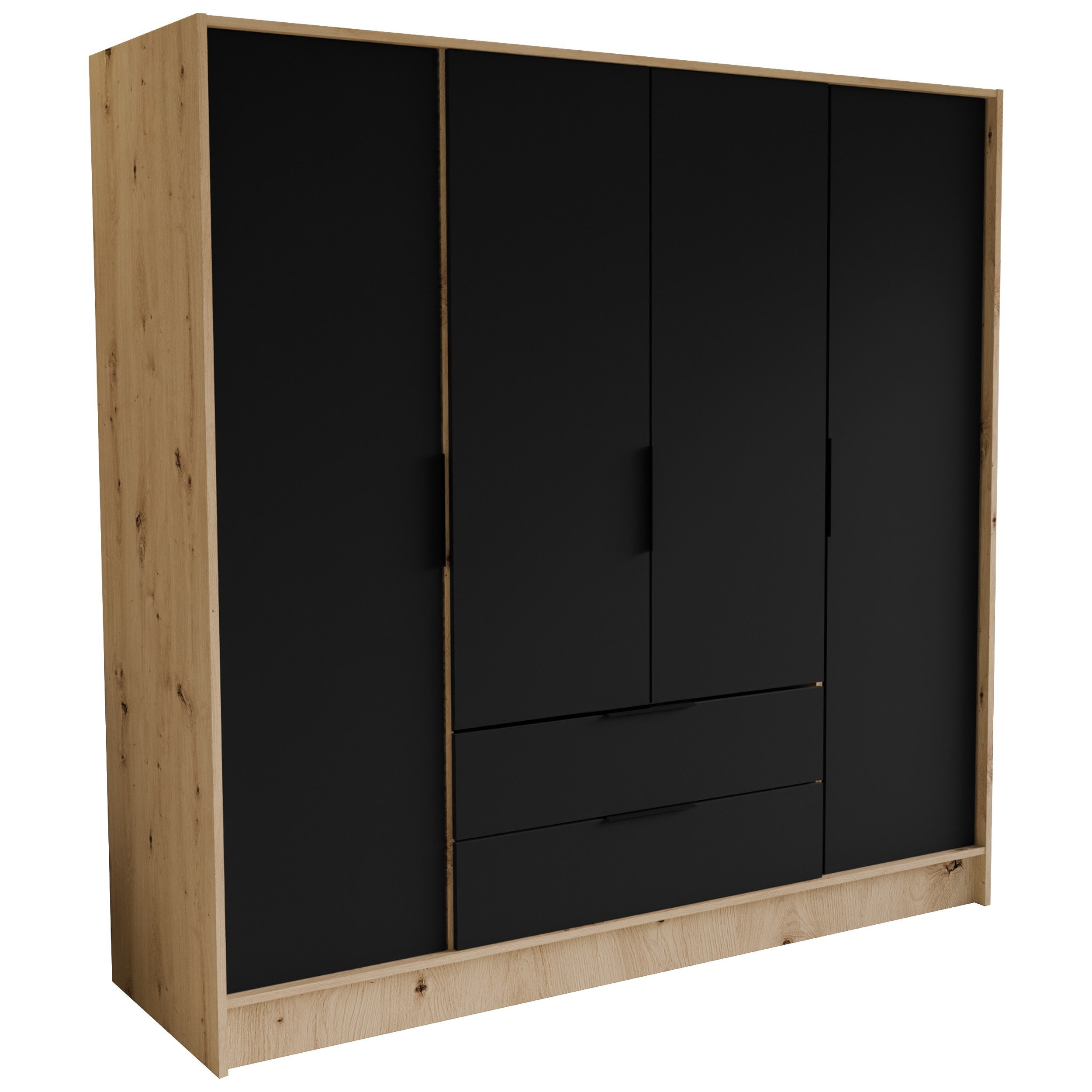 Masseno Drehtürenschrank CAVA 200 cm Kleiderschrank 4 Türen und 2 Schubladen Schwarz