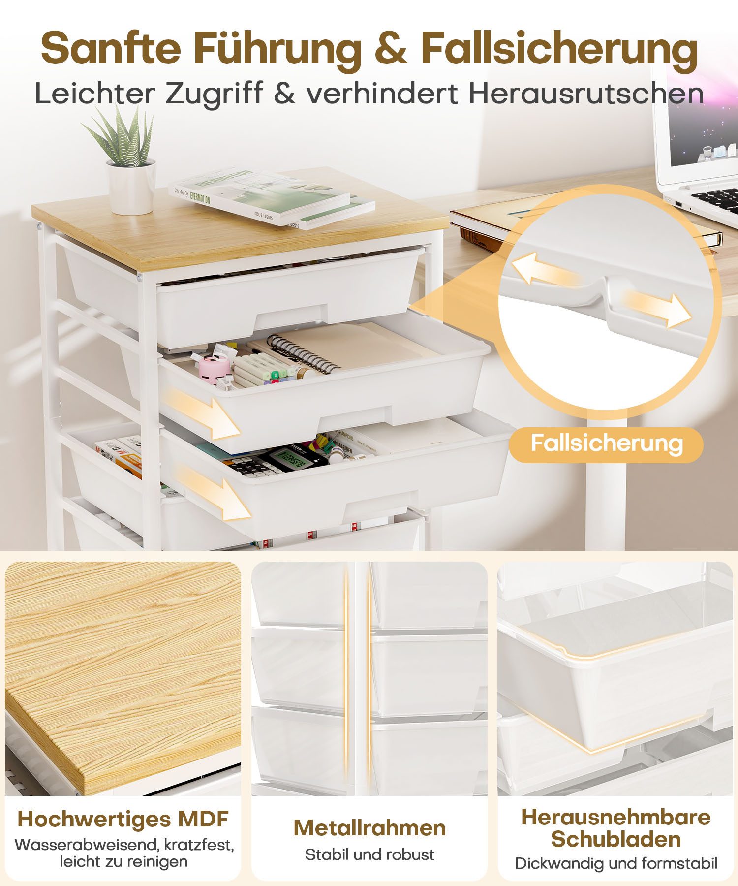 Yorbay Rollwagen mit 8 Schubladen und Holzplatte, Schubladenschrank aus Kunststoff, (Multifunktionaler Aufbewahrungsrollcontainer mit Rollen), für Wohnzimmer, S – Bild 4 von 5