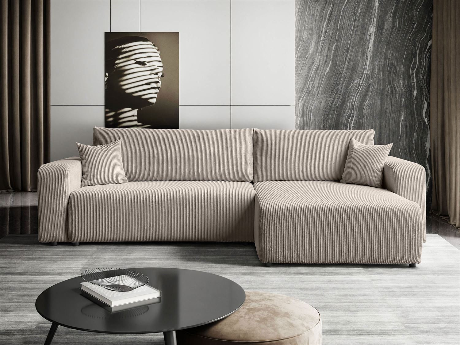 Lookway Ecksofa PRESTIGE L-Form Couch, Cord-Stoff, mit Bettfunktion und Bettkasten, Seite universal, 247/277x143x83 cm