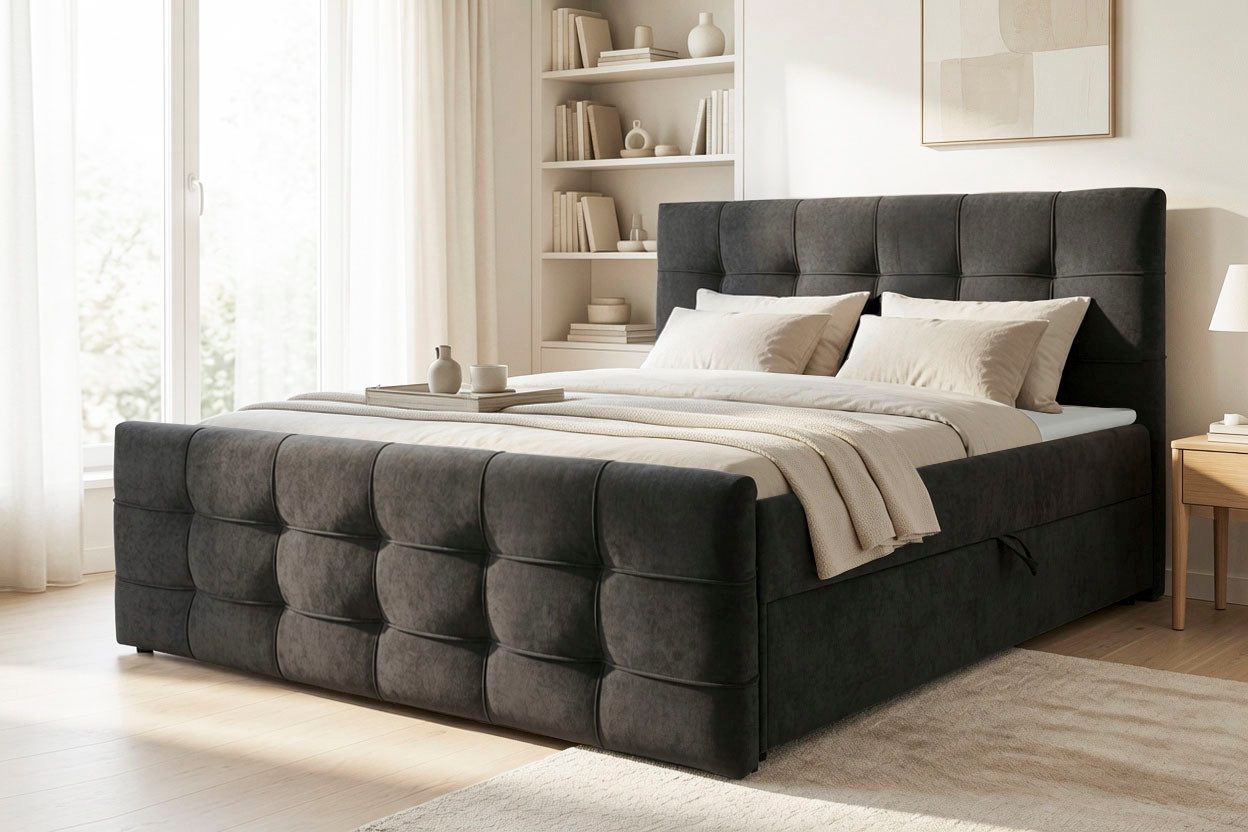 OTTO home Boxbett LILIENNE, Polsterbett mit Bettkasten und Taschenfederkernmatratze H3, mit Kaltschaumtopper, Chenille-Bezug, 160x200 & 180x200 cm