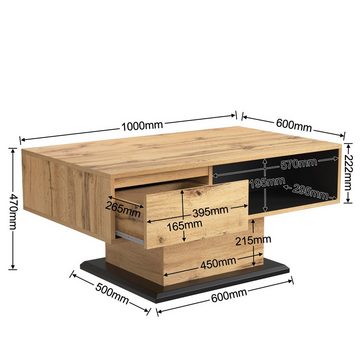 BlingBin Couchtisch Sofatisch Wohnzimmertisch Couchtisch mit Holzmaserung großer Stauraum (mit Eine grifflose Schublade, ein Staufach und Heckstaufach), Gesamtabmessungen:100 x 47x 60 cm