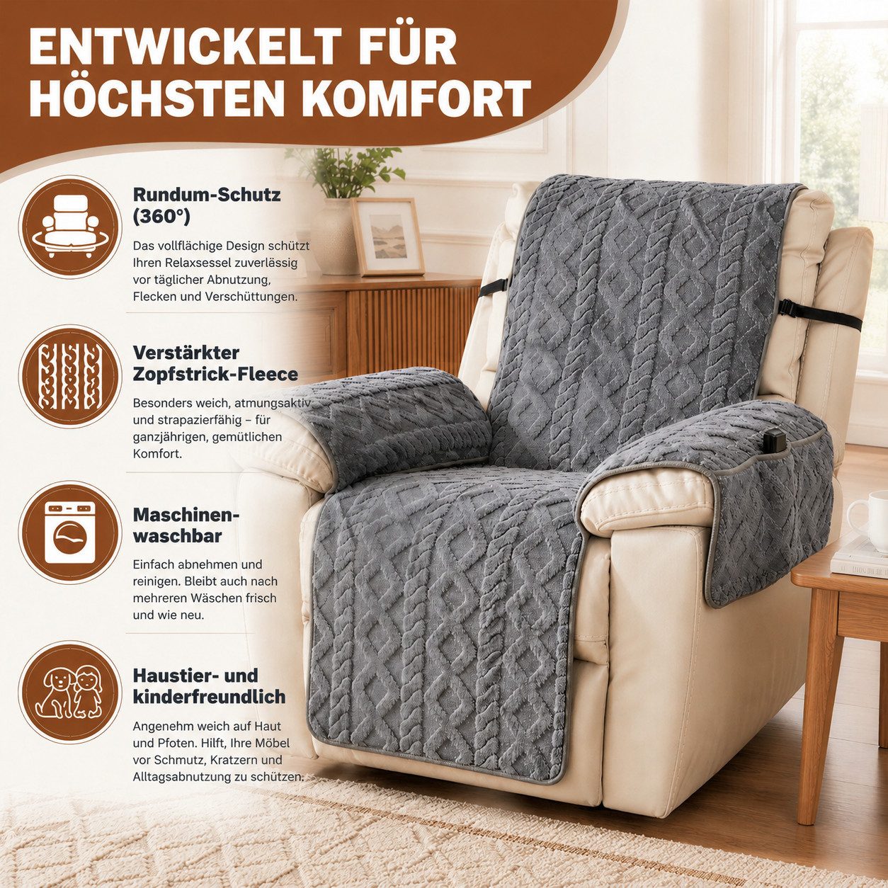 BlingBin Sesselschoner Sofa Armlehnenbezüge für Relaxsessel, Sessel Überzug Rutschfest, Schonbezug Sessel Fernsehsessel mit Taschen,für Senioren Haustieren – Bild 2 von 5