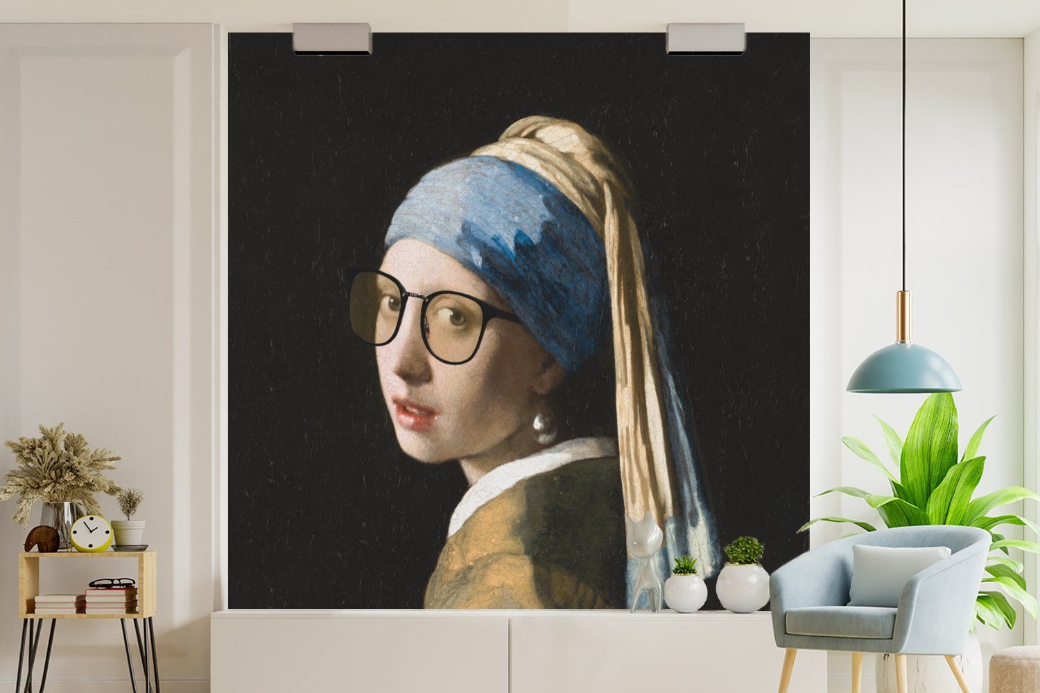 für - bedruckt, (5 St), Fototapete Wohnzimmer dem Matt, Das Vermeer Wandtapete mit Mädchen Schlafzimmer, MuchoWow - Perlenohrring Vinyl Tapete Brillen, oder