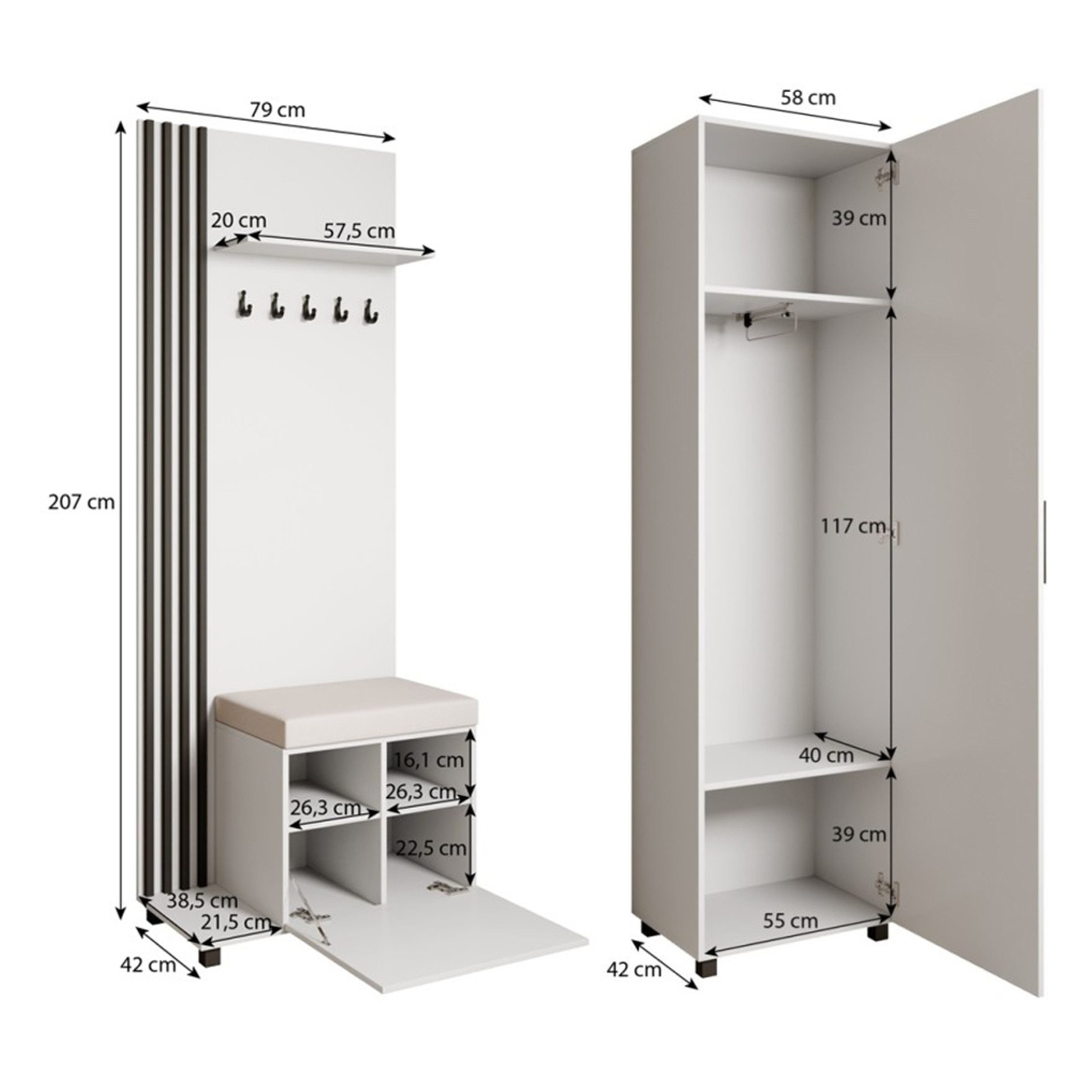 Masseno Garderobenschrank ARMADIO 137 x 207 cm Flurmöbel mit Spiegel und 1 Tür Schwarz