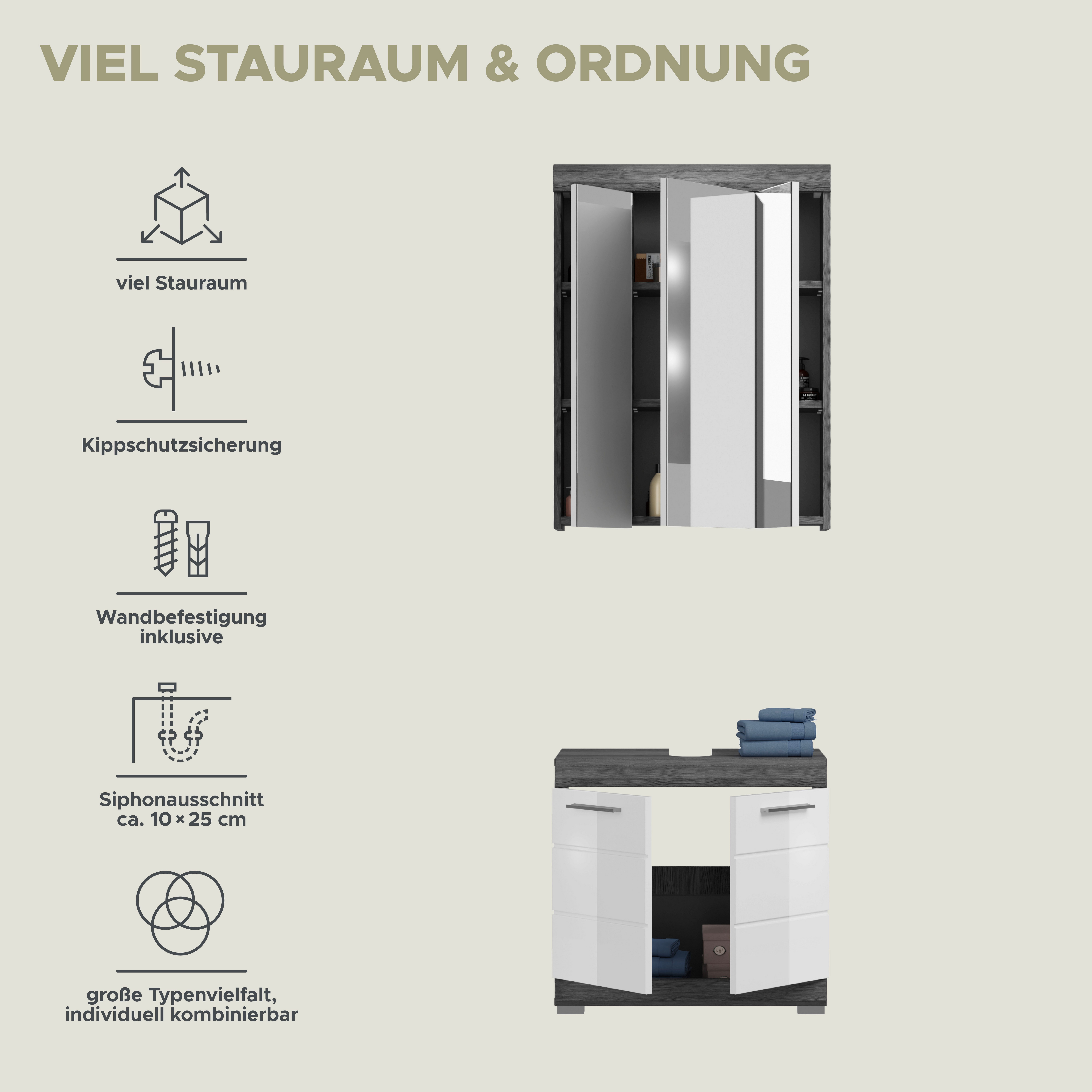 welltime Badmöbel-Set SIENA, 2 tlg., bestehend aus: Waschbeckenunterschrank, Spiegelschrank, (Set, 2-St., TOPSELLER), in verschiedenen Farben erhältlich, Badmöbel, Kombination, Badezimmer