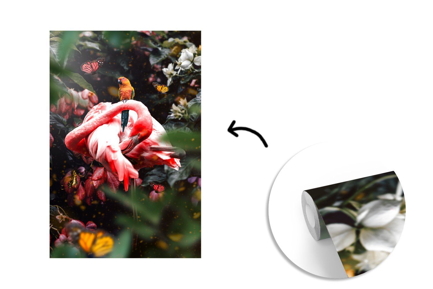 Wandtapete - St), (3 MuchoWow Fototapete Tapete Dschungel, Flamingo Vinyl für bedruckt, - Montagefertig Matt, Vogel Wohnzimmer,