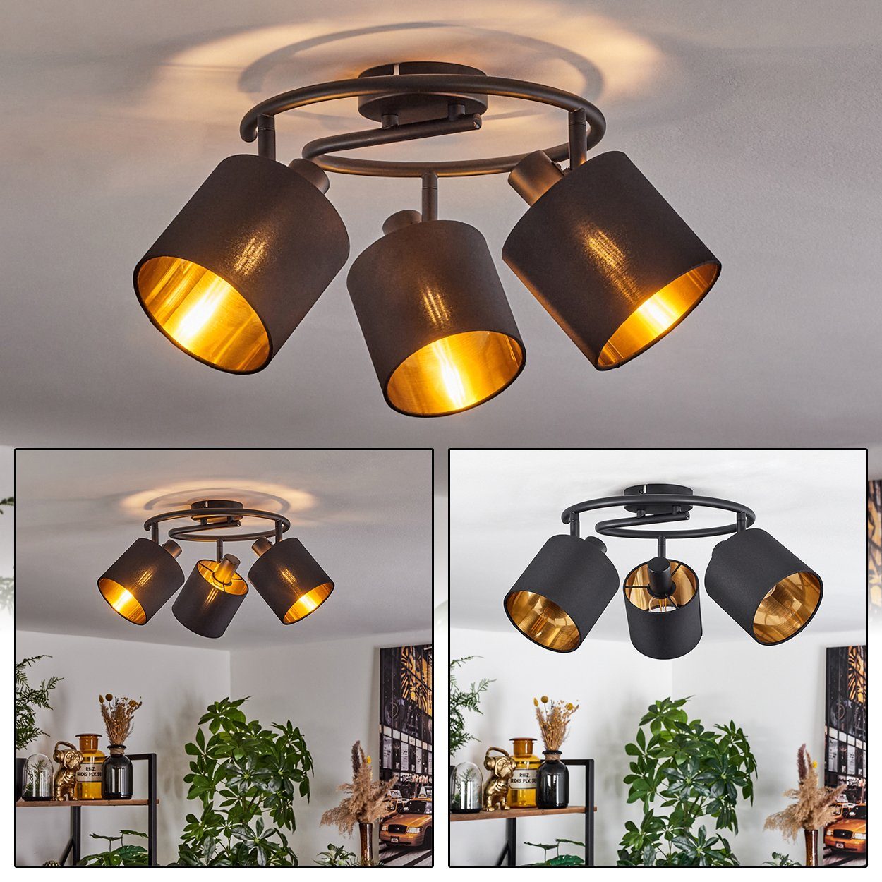 hofstein Deckenleuchte moderne Deckenlampe aus Metall/Stoff in Schwarz/Goldfarben, ohne Leuchtmittel, 3-flammig, mit verstellbaren Strahlern, runder Spot, 3 x E14