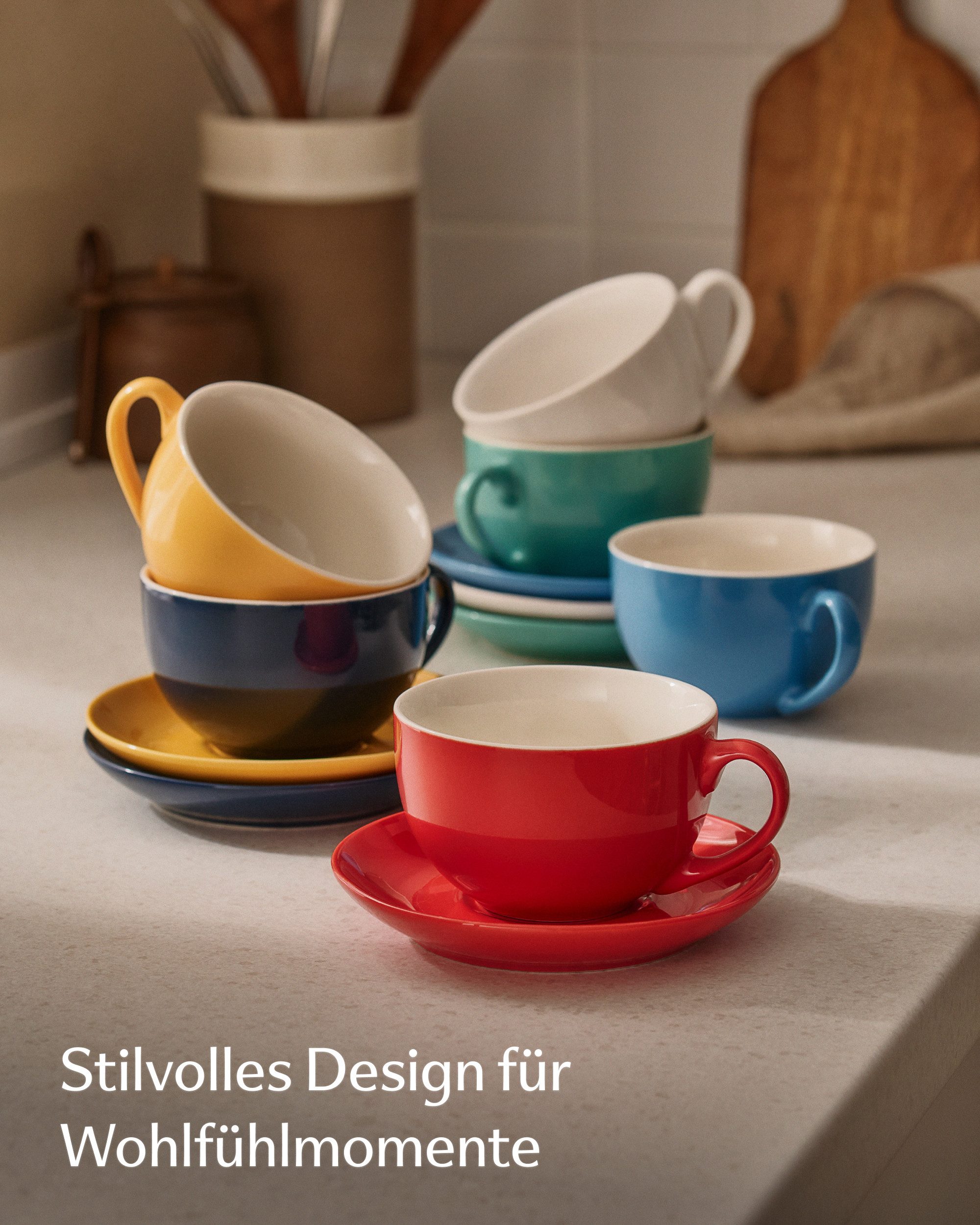 Cosumy Cappuccinotasse Cappuccino Tassen Set 6er mit Untertassen – Kaffeetassen Keramik 180ml, Keramik, 180ml