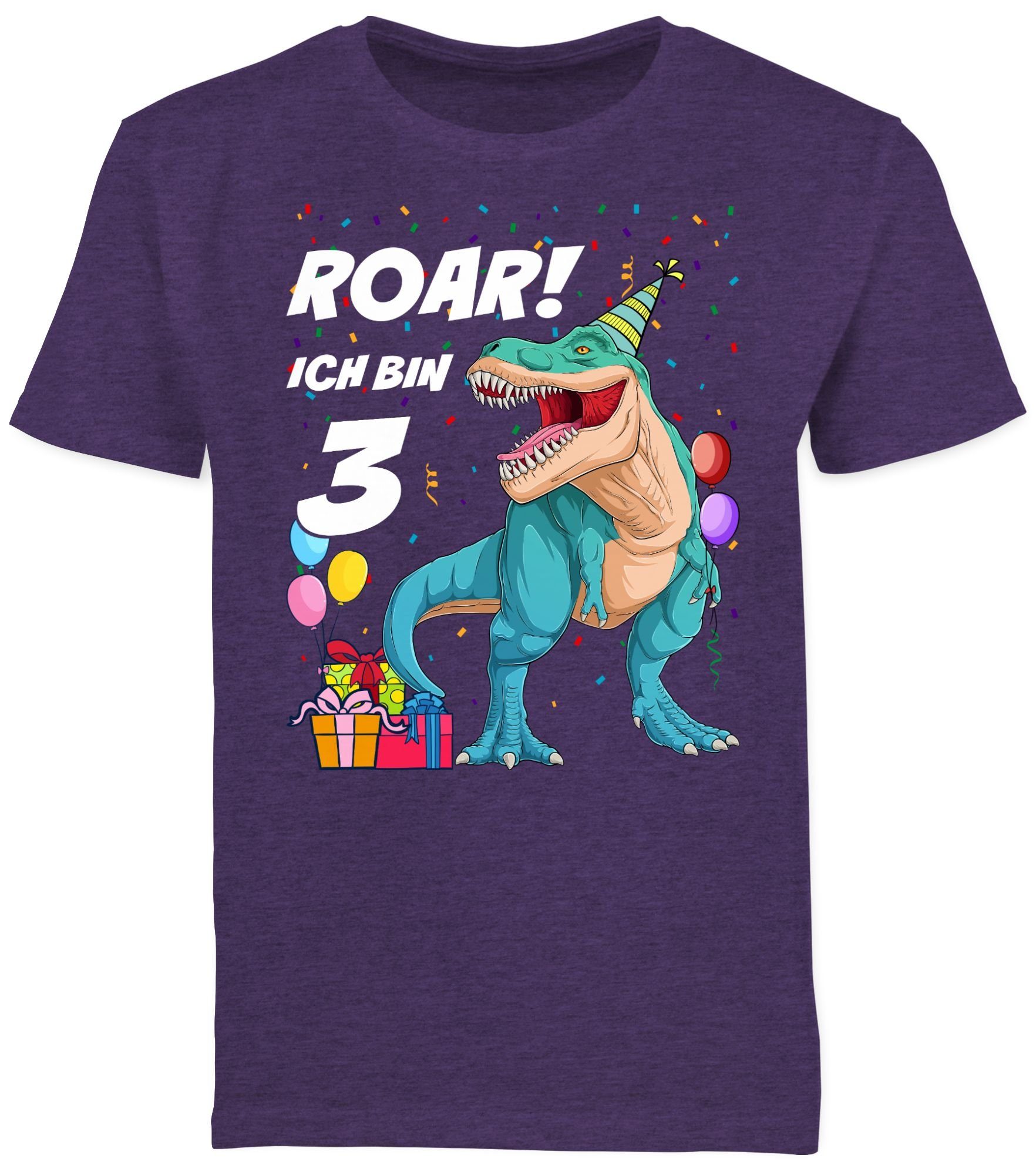 Shirtracer T-Shirt Ich bin 3 3. Meliert Lila T-Rex Geburtstag Jahre Dinosaurier Dino - 03
