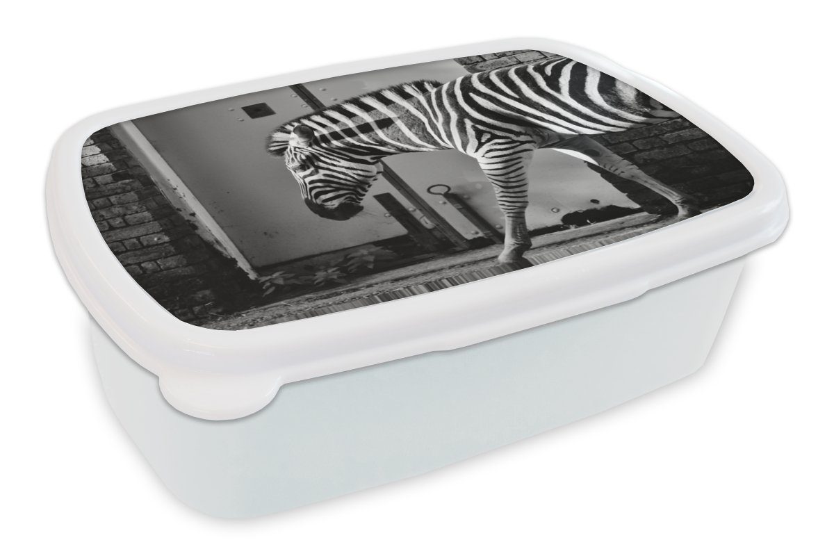 MuchoWow Lunchbox Zebra - Wand - Tür - Tiere - Schwarz und weiß, Kunststoff, (2-tlg), Brotbox für Kinder und Erwachsene, Brotdose, für Jungs und Mädchen