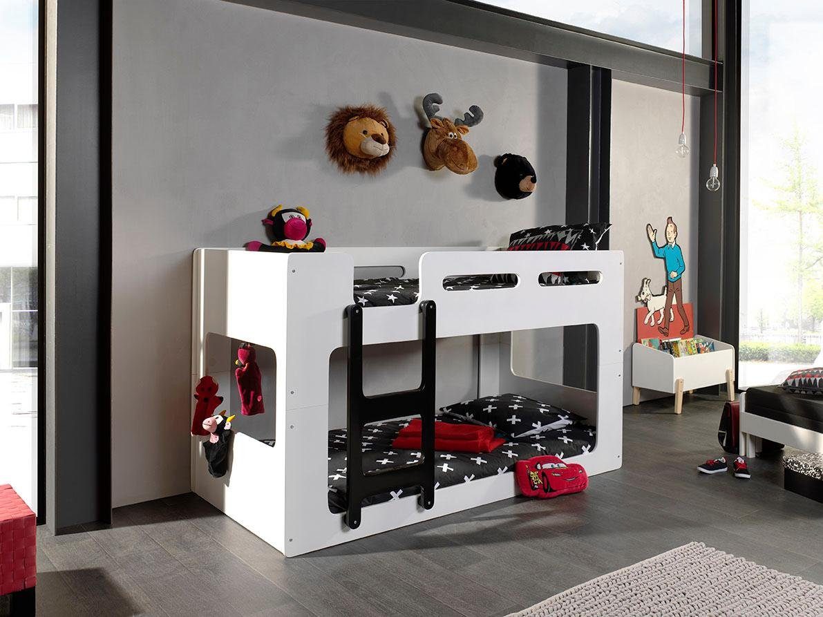 Vipack Hochbett Luca, Liegefläche oben 90/200, moderne zeitlose Optik (B/H/T ca. 209x121x101cm, MDF weiß lackiert, Leiter schwarz) inkl. Bodenplatten für die Matratzen mit Abstand für Belüftung