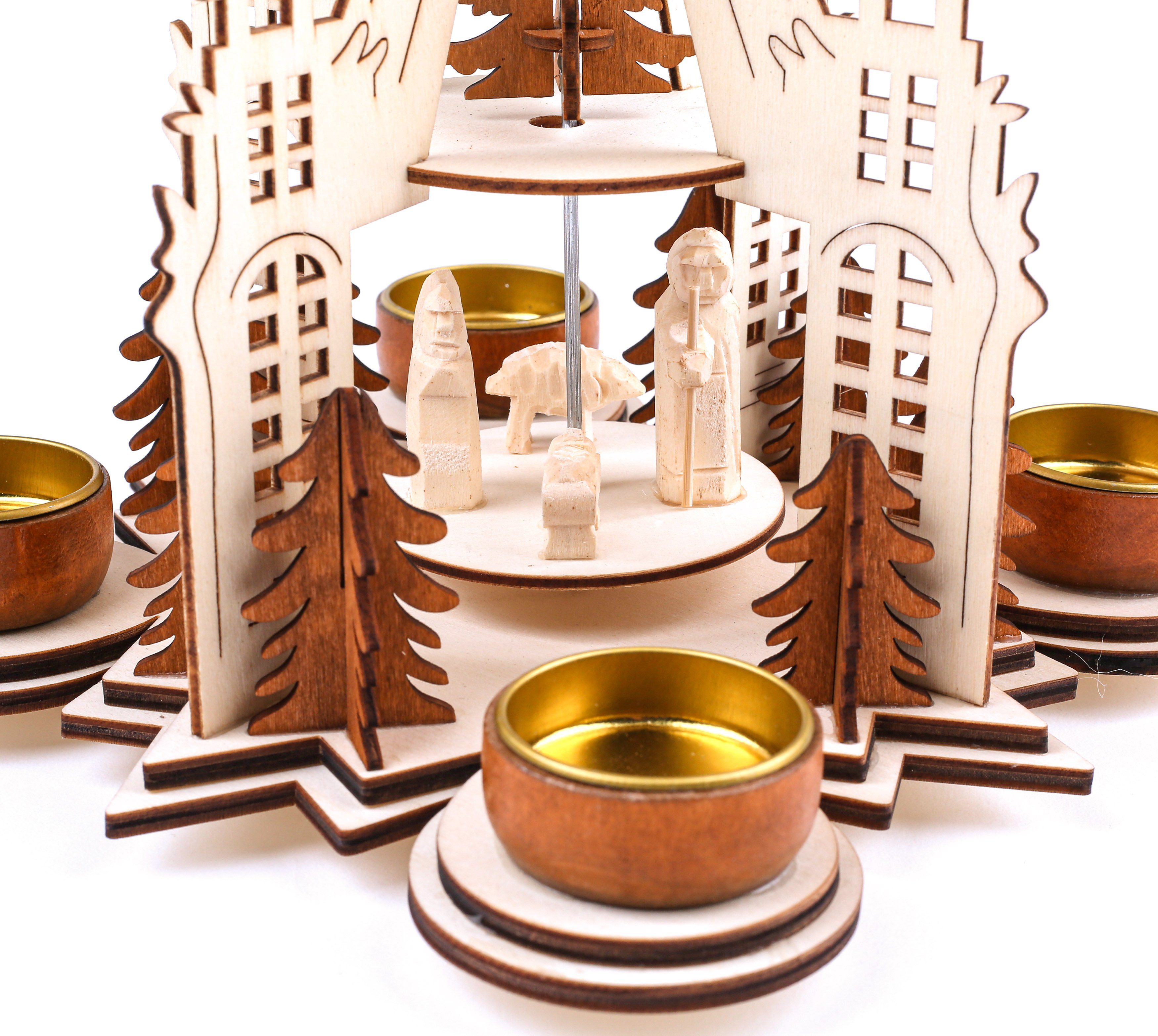 BRUBAKER Weihnachtspyramide Teelicht Holzpyramide Kathedrale - 2 Etagen, Holz Teelichtpyramide mit 4 Metall Teelichthaltern Weihnachtsdeko