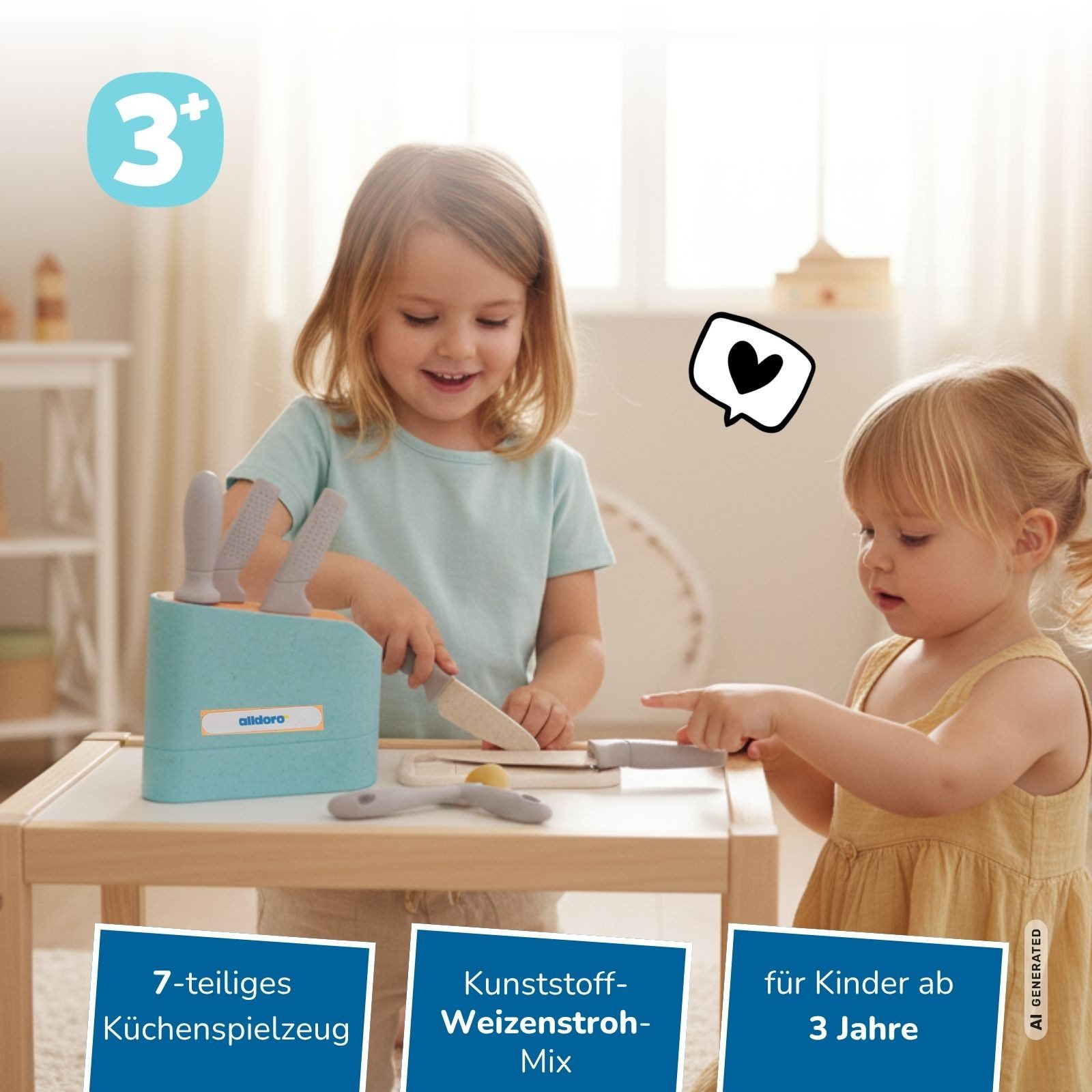 alldoro Spiel-Kochgeschirr Messerblock, 7-teiliges Set für die Kinderküche, ab 3 Jahren, Spielküchen Zubehör mit Messern, Sparschäler und Schneidebrett