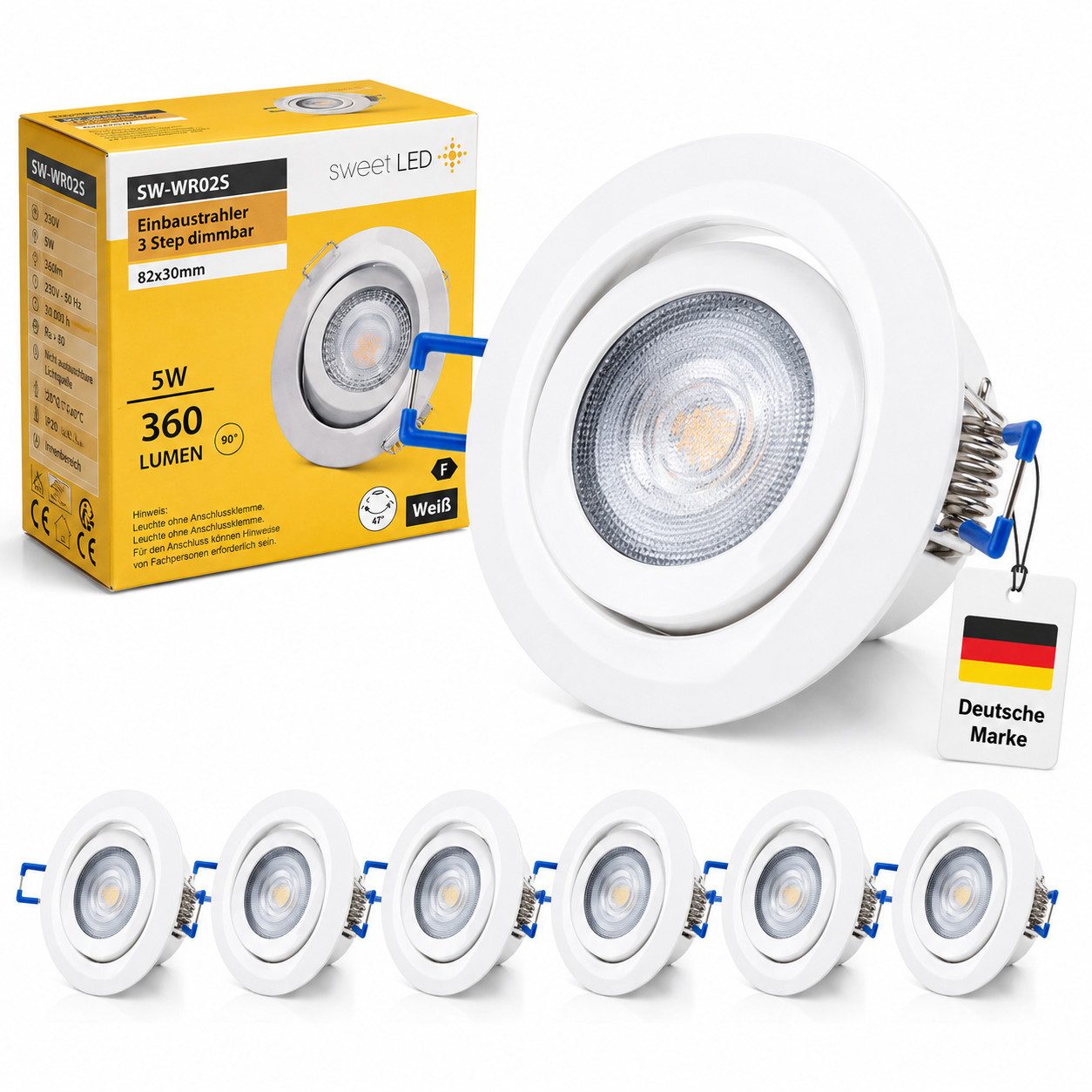 Sweet LED LED Einbaustrahler 6er Set 5W 230V 3-Step Dimmbar Weiß 3000K Spots Flach Schwenkbar 68mm, Deckenspots, Deckenstrahler,Einbauleuchten