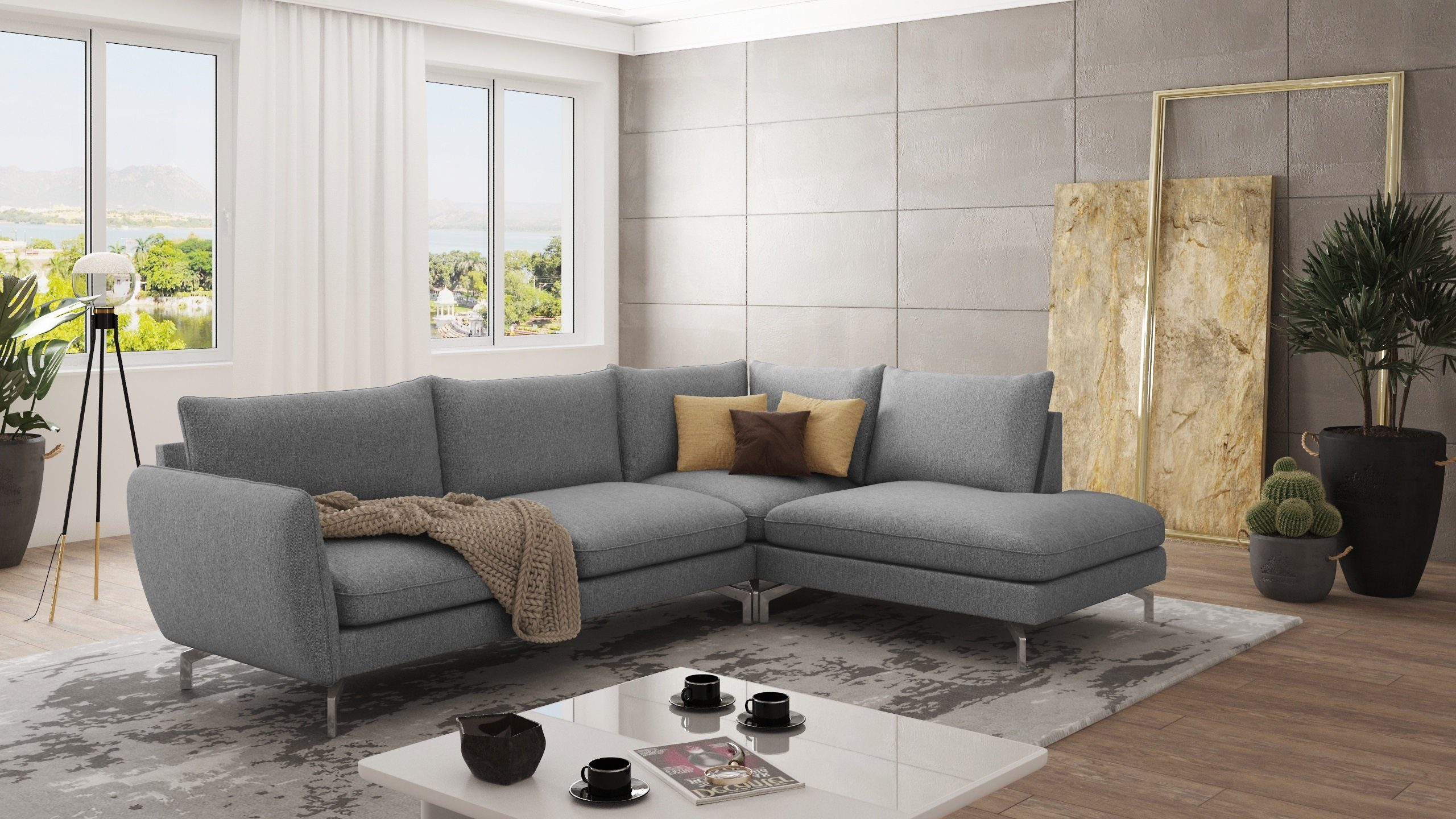 S-Style Möbel Ecksofa Modernes Benita mit Silber Metall Füßen, mane links oder rechts bestellbar, mit Wellenfederung Grau