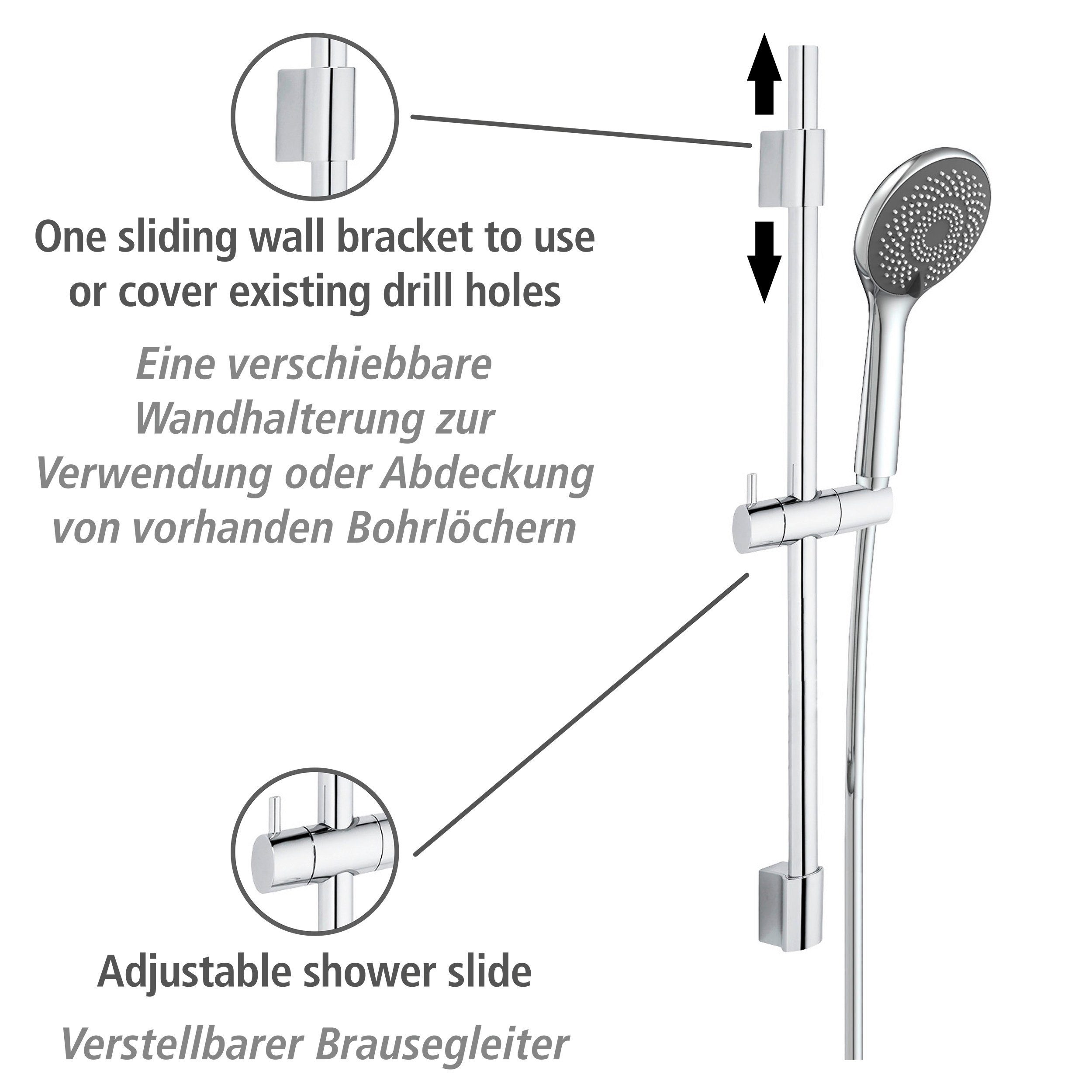 WENKO Stangenbrause-Set Watersaving, Schwarz, Länge Stange: 70 cm