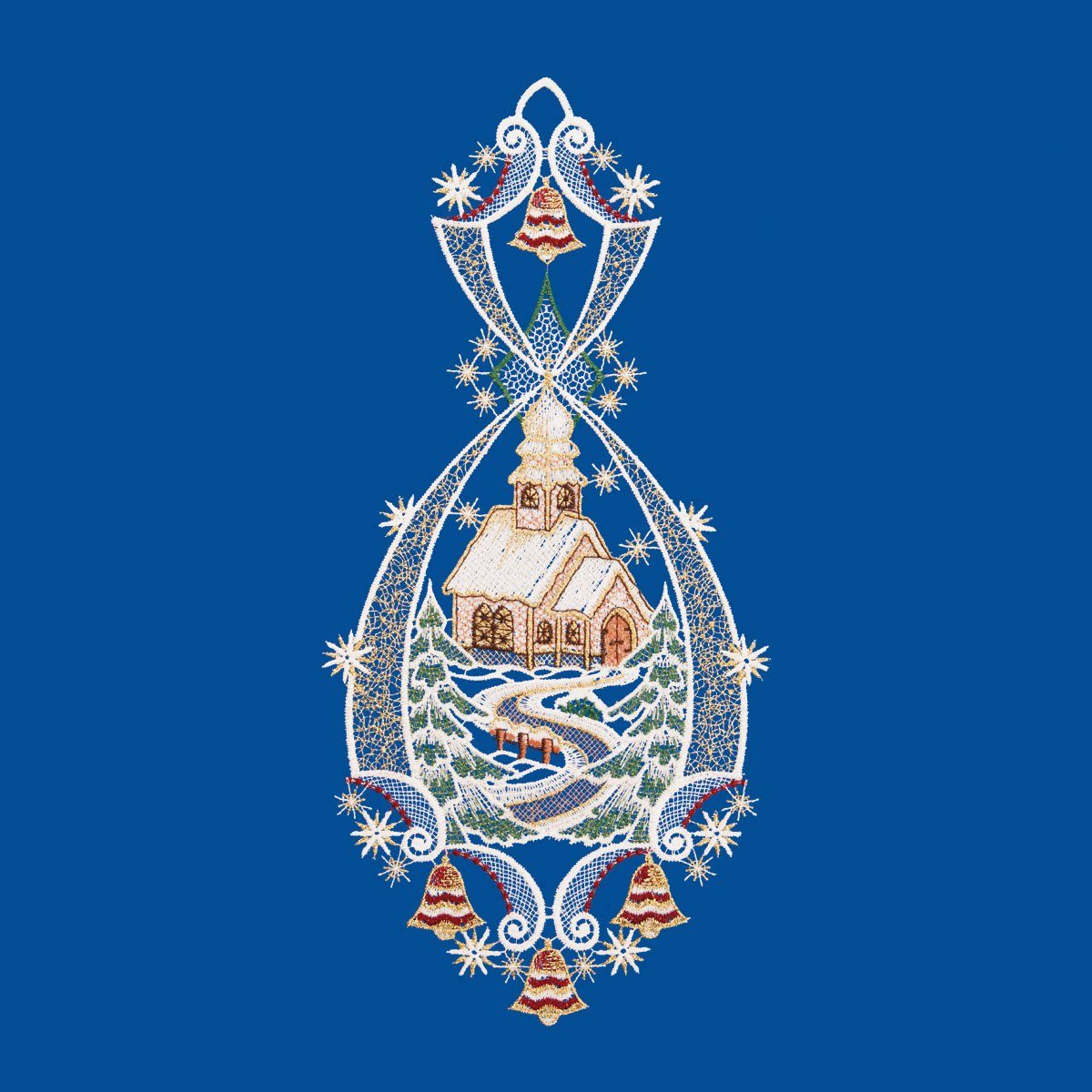 W. Reuter & Sohn - Plauener Spitze® Fensterbild Landschaft Kirche, Made in Germany