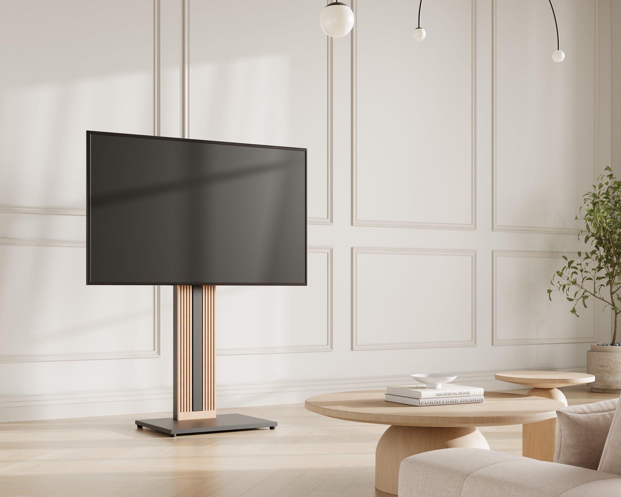 FITUEYES TV-Ständer aus Holz, mit höhenverstellbarer Ablage, ±15° schwenkbar, 32-65 Zoll, (bis 65,00 Zoll, höhenverstellbar, mit Kabelmanagement) – Bild 2 von 5