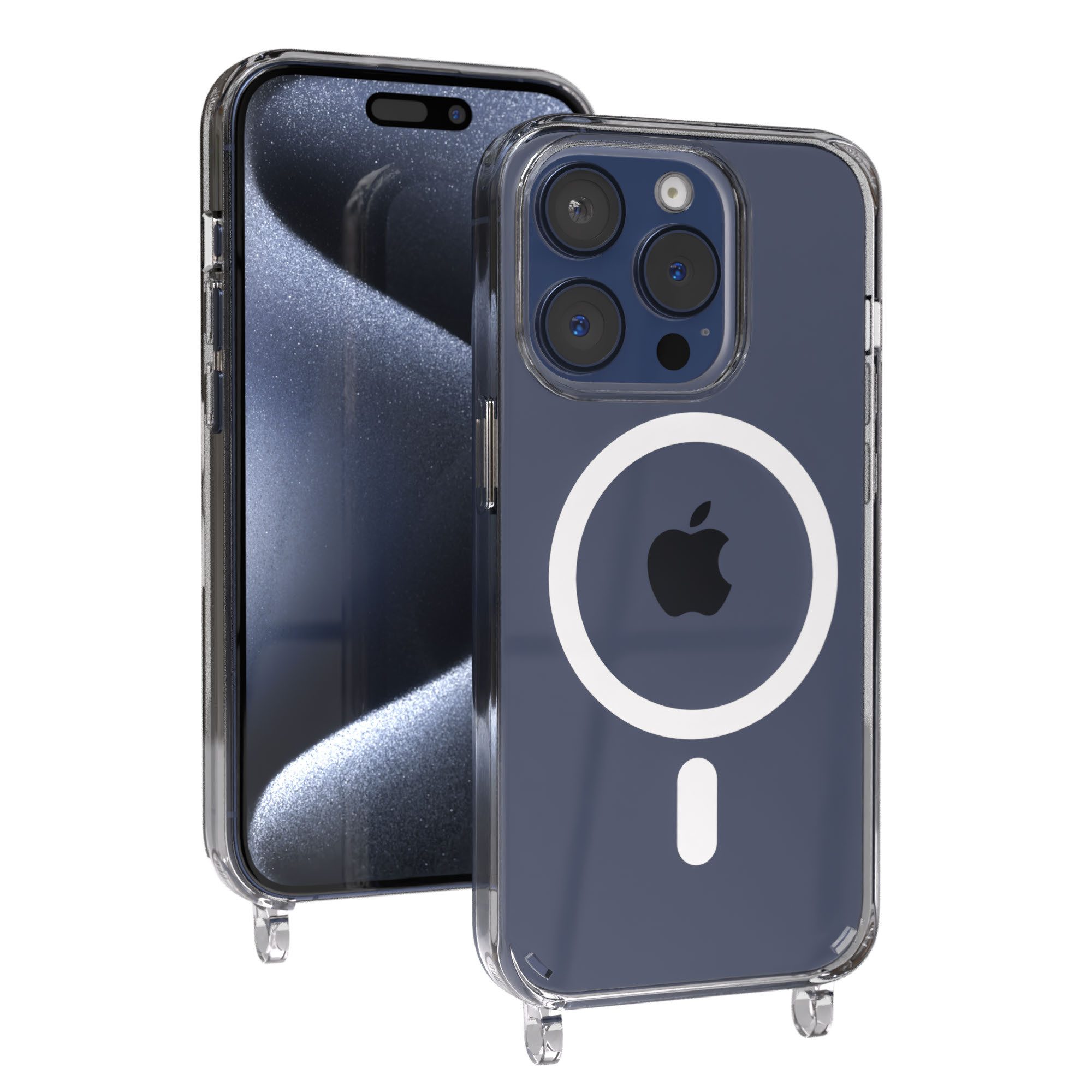 EAZY CASE Handykette MagSafe Handyhülle für Handyketten Apple Modelle 6,1 Zoll, MagSafe Silikonhülle mit Ösen, Transparent für Apple iPhone 15 Pro