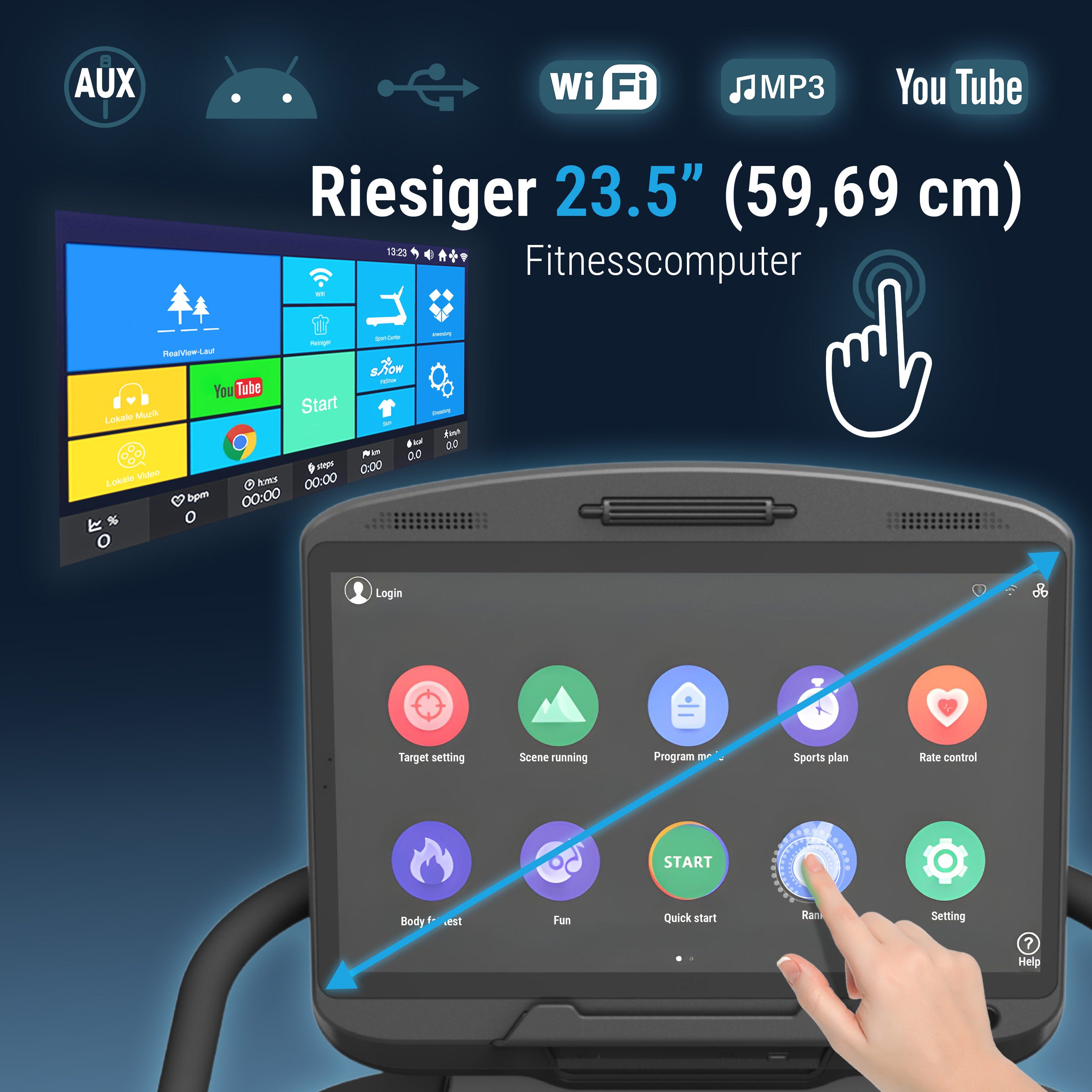 AsVIVA Laufband T22 Pro Studio, 23,5″ Android-Touchscreen, 20 km/h, 21 % Steigung, 9 PS Spitzenleistung, 21 % Steigung, 23,5" Touchscreen & Wi-Fi – Bild 4 von 5