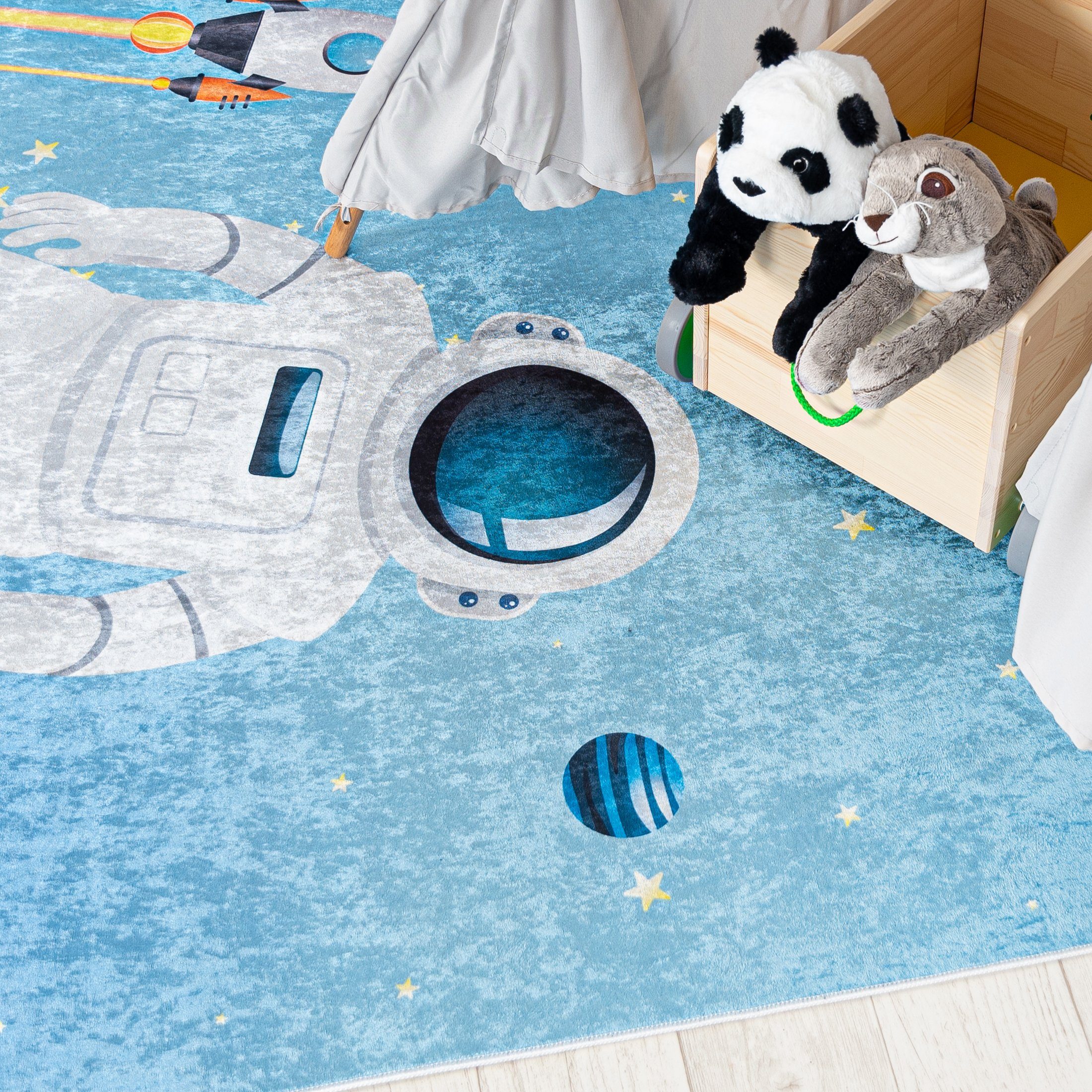 Mazovia Kinderteppich Kinderteppich Kinderzimmerteppich Planeten Weltraum, 80 x 150 cm, Kurflor, Waschbar in Waschmaschine, Höhe 5 mm, Rutschfest