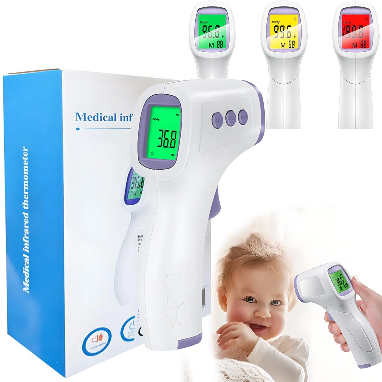 Hard-er Infrarot-Fieberthermometer Kontaktlos mit LCD, 1-Sekunden-Messung und 30 Speicherwerten, 3-farbige Anzeige für Körper- und Objektmessung