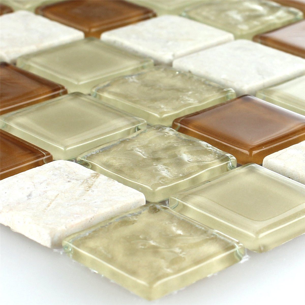 Mosafil Mosaikfliesen Glas Marmor Naturstein Mosaikfliesen Epsilon, Naturstein-Glas-Marmor 32.700x30.200, weiß-beige-braun, Verlegefertig auf ein Netz geklebt - Frostsicher - Wasserfest