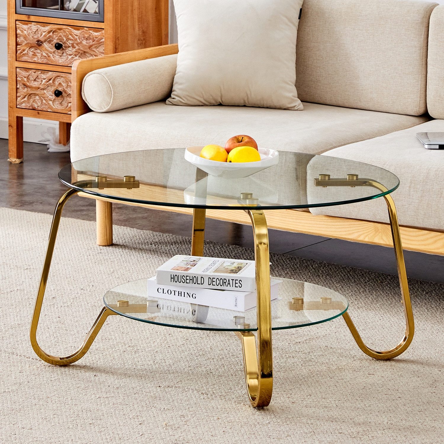 ANYSUN Couchtisch Glastisch Wohnzimmer,Couchtisch Glas Rund,Sofatisch φ80cm (Metallrahmen Doppelschicht gehärtetes Glas Couchtisch), Glas Couchtisch Beistelltisch Sofatisch, Kaffeetisch Glastisch Couch