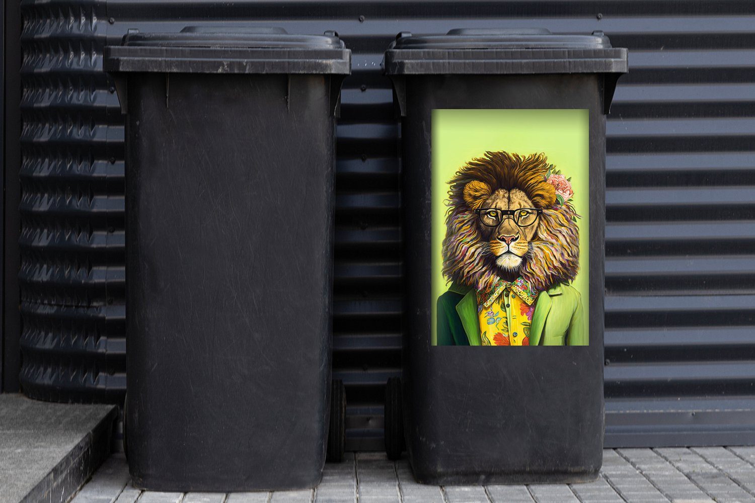 Mülltonne, - - MuchoWow St), Sticker, - Brille Löwe Abfalbehälter (1 Tier Blumen Mensch Container, - Mülleimer-aufkleber, Wandsticker