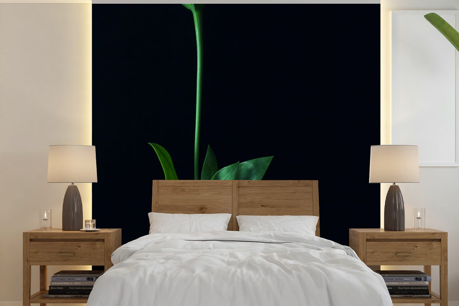 MuchoWow Fototapete Ein grüner Stiel mit zwei Blättern auf schwarzem Hintergrund, Matt, bedruckt, (5 St), Vinyl Tapete für Wohnzimmer oder Schlafzimmer, Wandtapete
