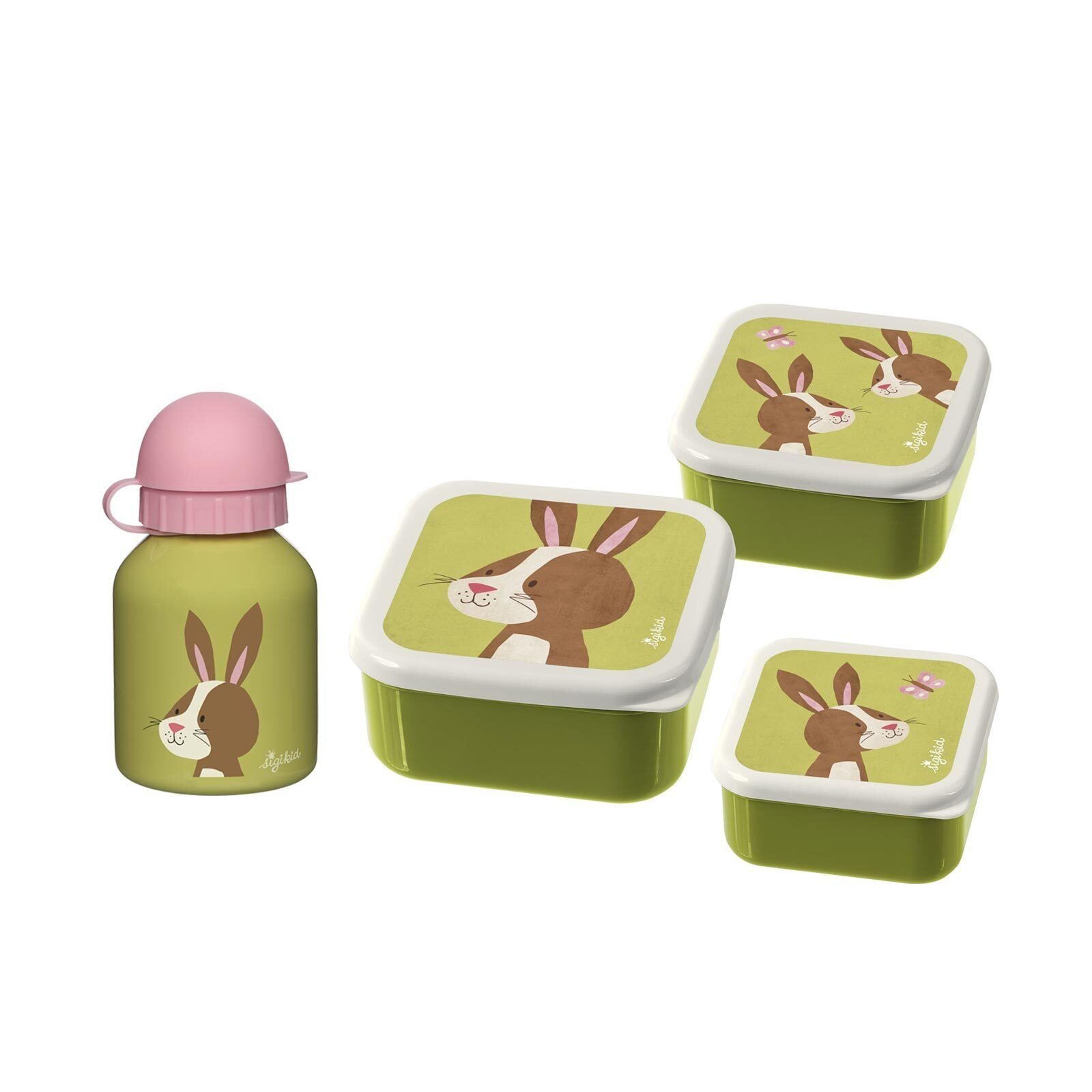 Sigikid Lunchbox Snackboxen + Trinkflasche 4er Set, Material-Mix, (4-tlg), Handwäsche wird empfohlen, ideal für den Alltag Hase, grün