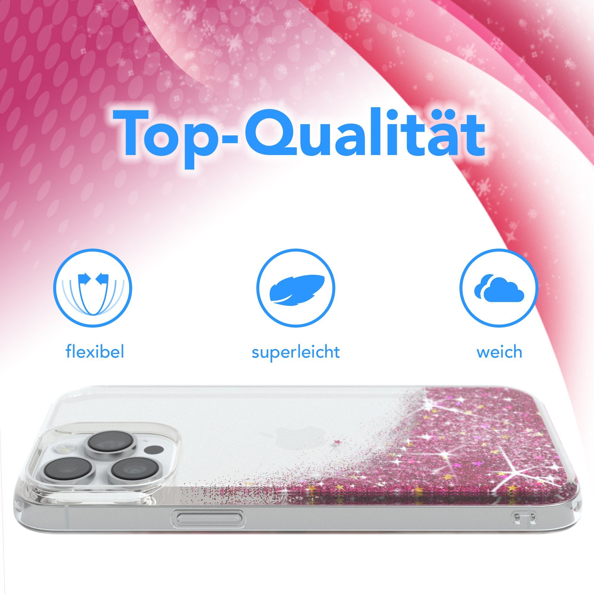 EAZY CASE Handyhülle Liquid Glittery Case für Apple iPhone 14 Pro Max 6,7 Zoll, Glitzerhülle Shiny Slimcover stoßfest Durchsichtig Bumper Case Pink