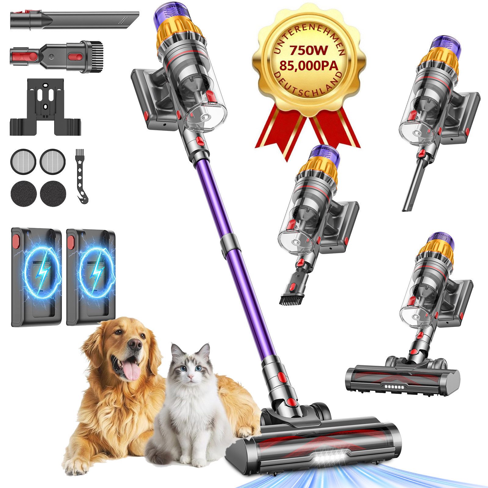 FOSMET Akku-Hand-und Stielstaubsauger 85000Pa Akku Staubsauger 750W/160Min, 2,6L Staubsauger Kabellos, 50dB leise/11-Stufen-Filter/OLED Display,Ideal für Böden/Teppiche/Auto