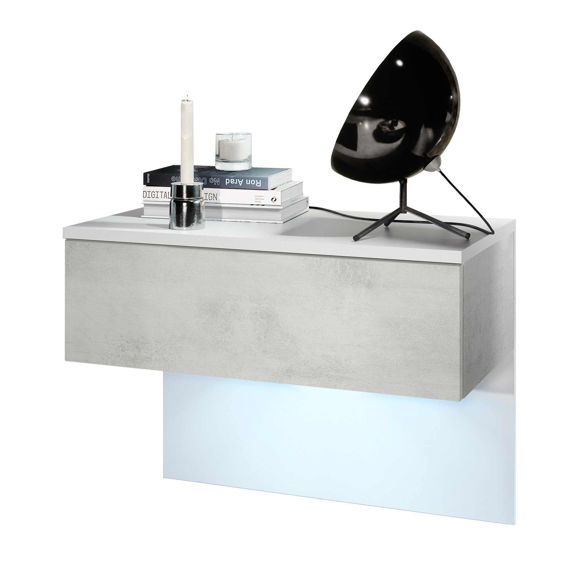 Vladon Nachttisch Sleep (Nachttischschrank, mit Schublade zur Wandmontage), Weiß matt/Beton Oxid Optik (60 x 46 x 35 cm)