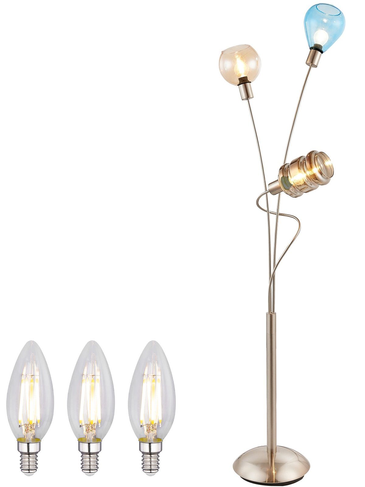 bmf-versand Stehlampe Stehlampe Wohnzimmer Stehleuchte LED Glas bunt Retro  Metall 3 Flammig, LED wechselbar, Warmweiß