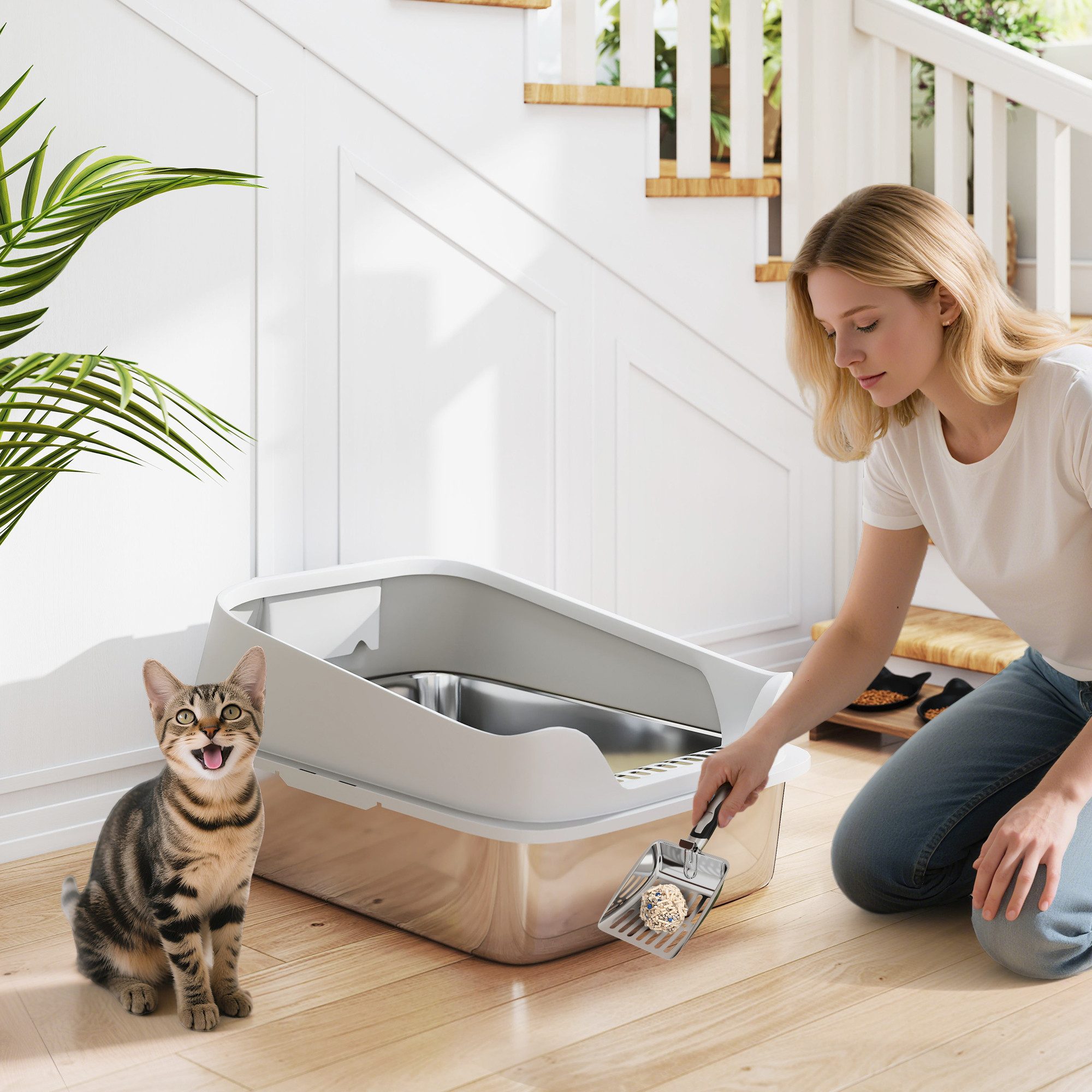 Katzentoilette Offene Katzenklo Edelstahl mit Schaufel hohem Rand