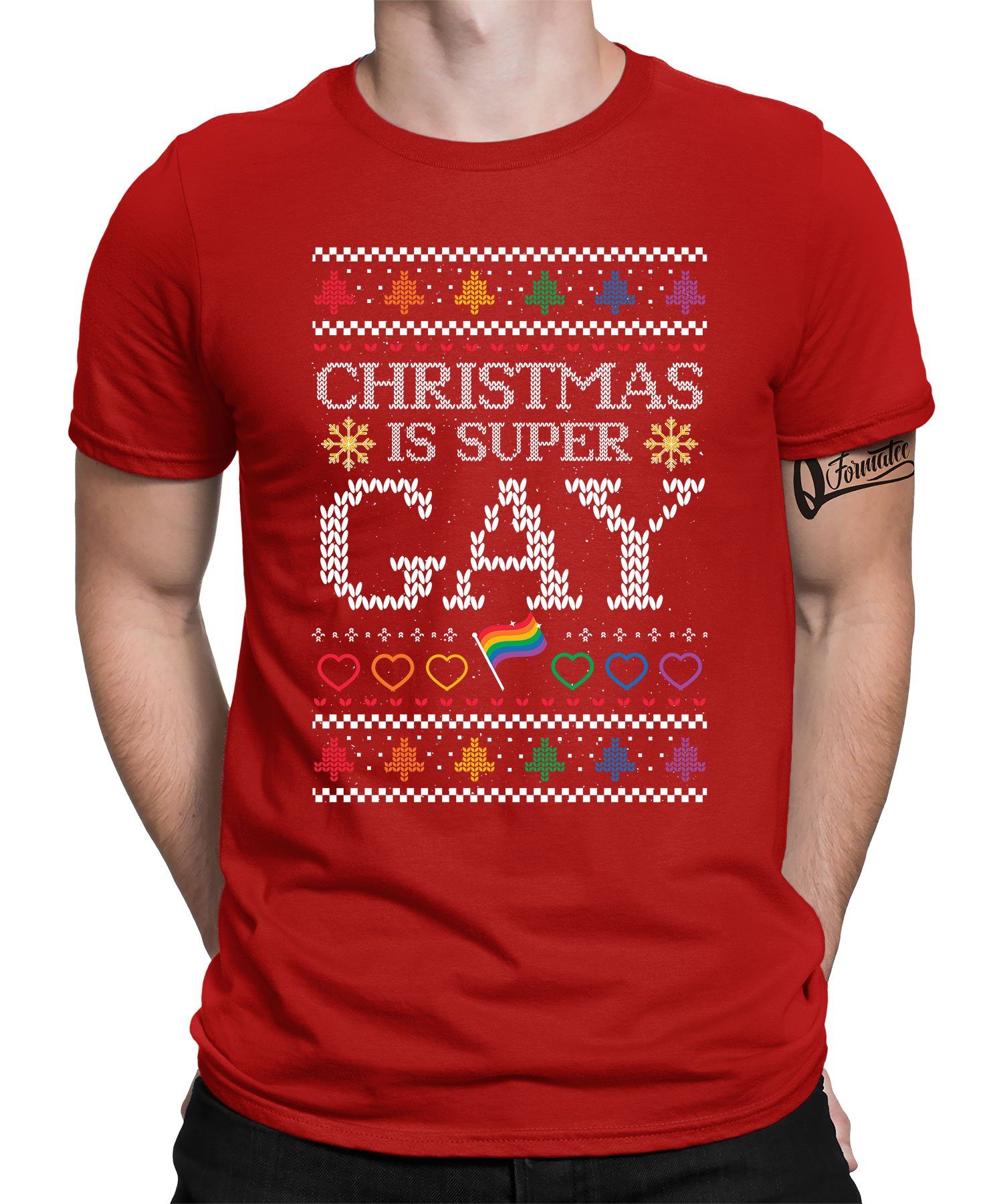 Quattro Formatee Kurzarmshirt - Weihnachtsgeschenk Gay T-Shi Rot LGBT Christmas Weihnachten (1-tlg) Herren X-mas