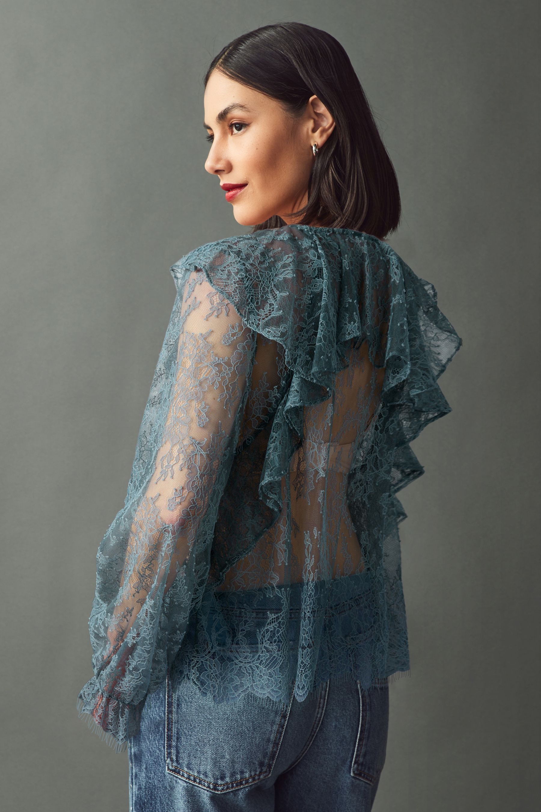 Next Langarmbluse Langärmelige Spitzenbluse mit Rüschen (1-tlg) günstig online kaufen