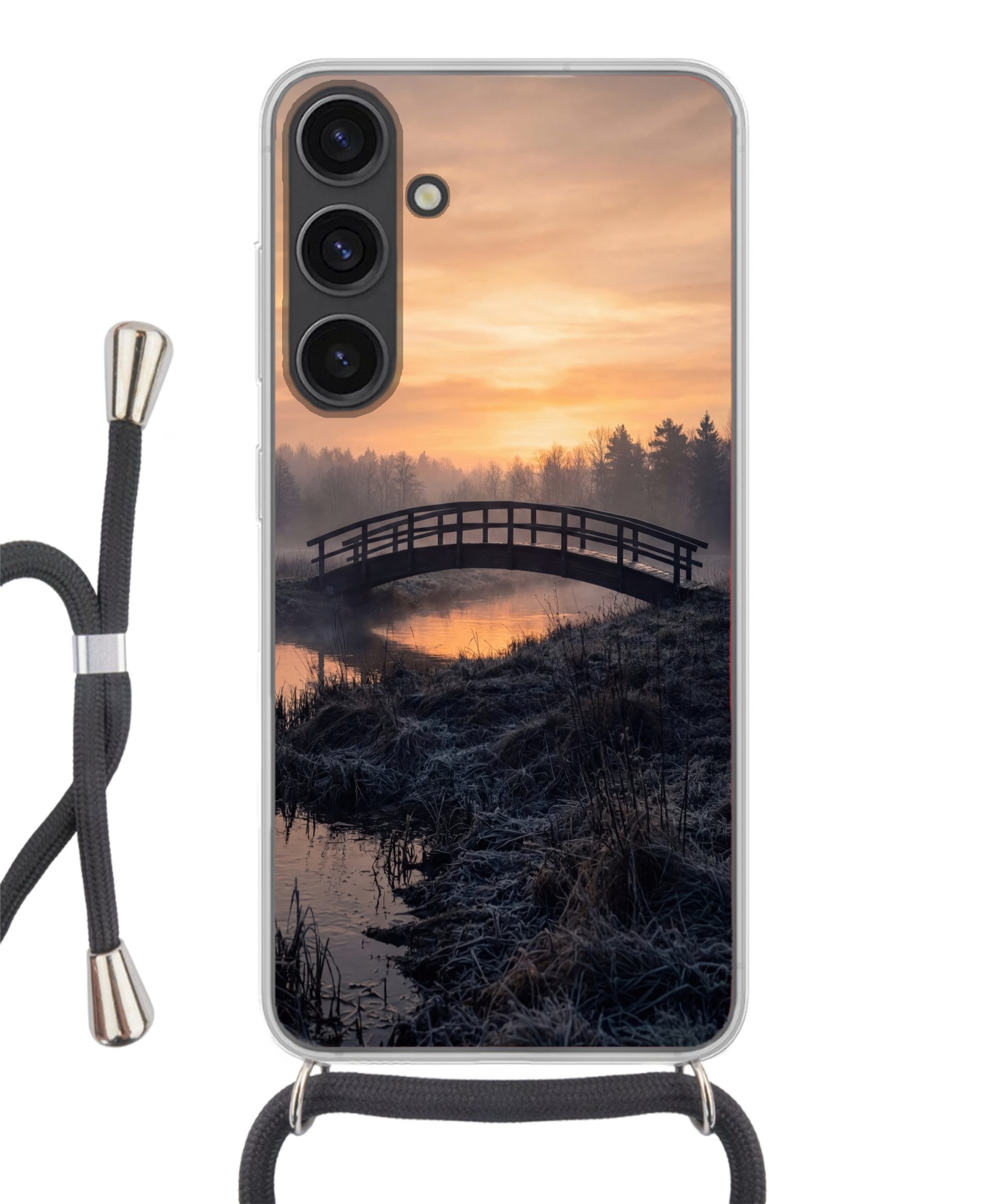 MuchoWow Handyhülle für Samsung Galaxy S24 Plus Brücke - Nebel - Bäume - Wasser, Tragbare Handyhüllen mit Kette zum umhängen, Handykette Handyband
