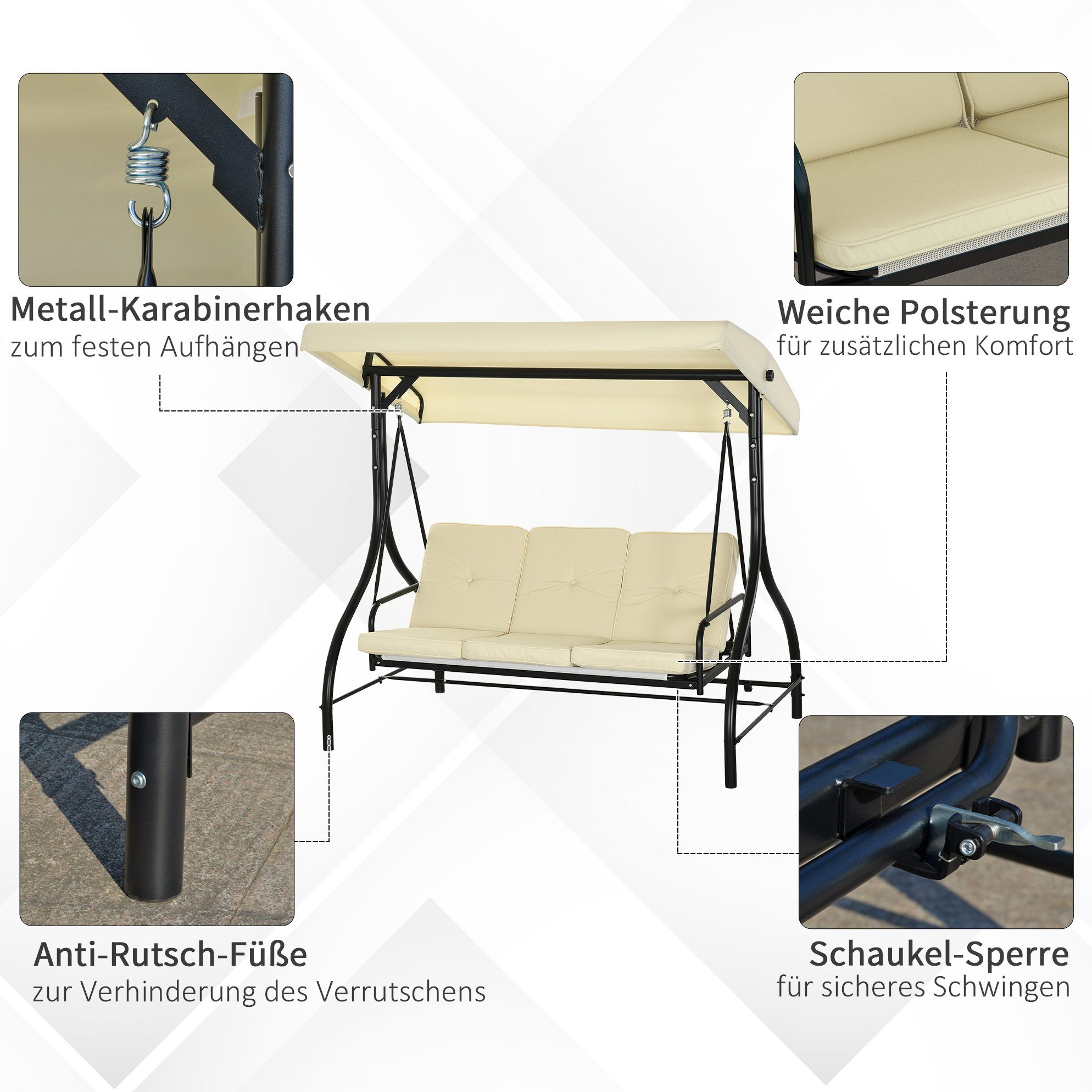 MODFU Hollywoodschaukel 3-Sitzer Liegefunktion 195x117x175 cm, 3-Sitzer, Packung, 1 tlg., Schaukelbank bis 240 kg, Gartenliege für Terrasse & Outdoor Bereich, Gartenschaukel mit Sonnendach Schaukelbank bis 240 kg Garten