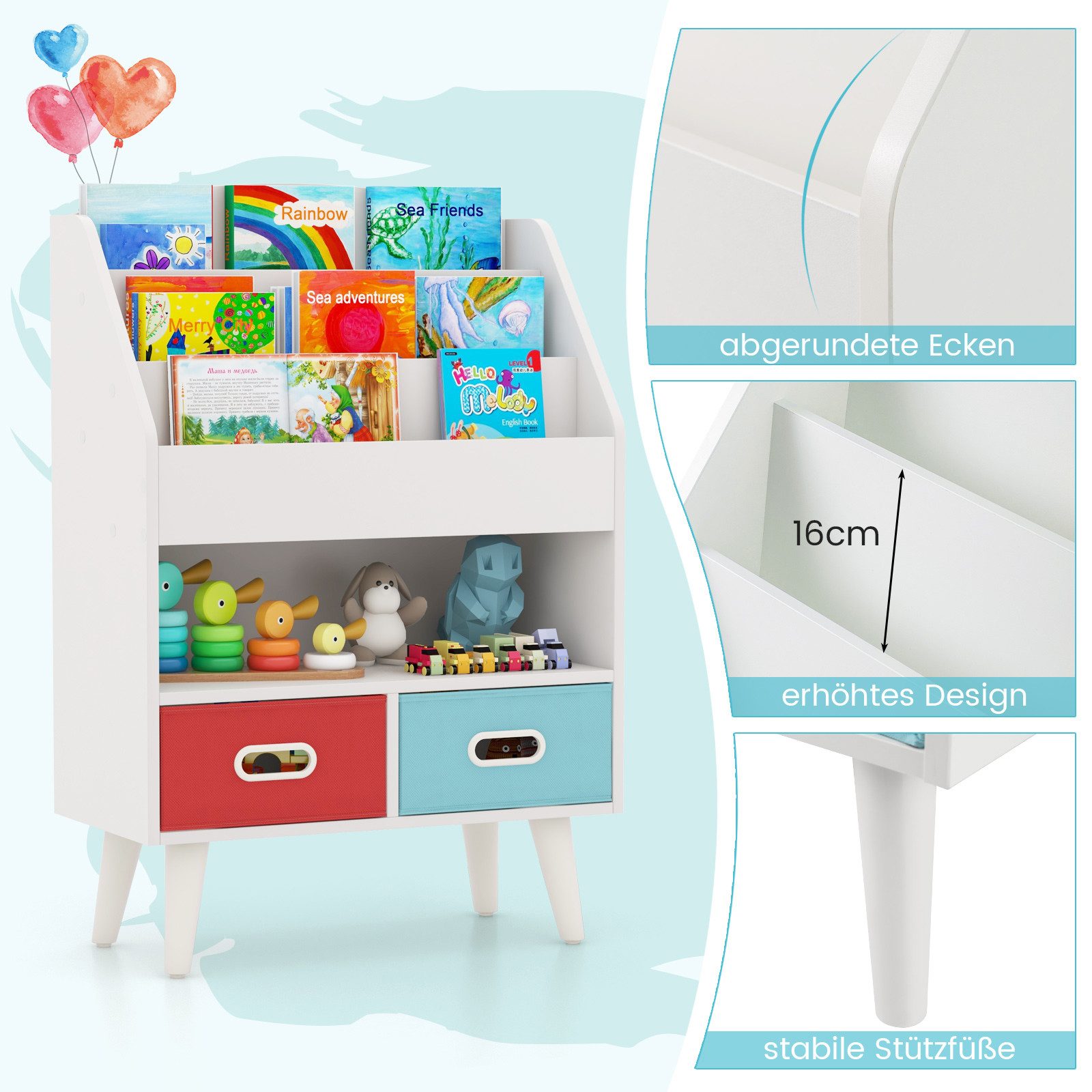 COSTWAY Spielzeugtruhe, Kinderregal mit 3-stufigen Regalen