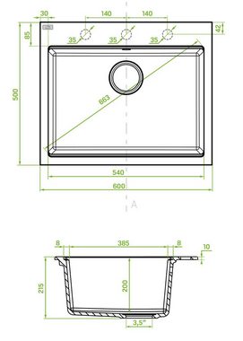 KOLMAN Küchenspüle Einzelbecken Tau Granitspüle, Rechteckig, 50/60 cm, Grau, Space Saving Siphon GRATIS