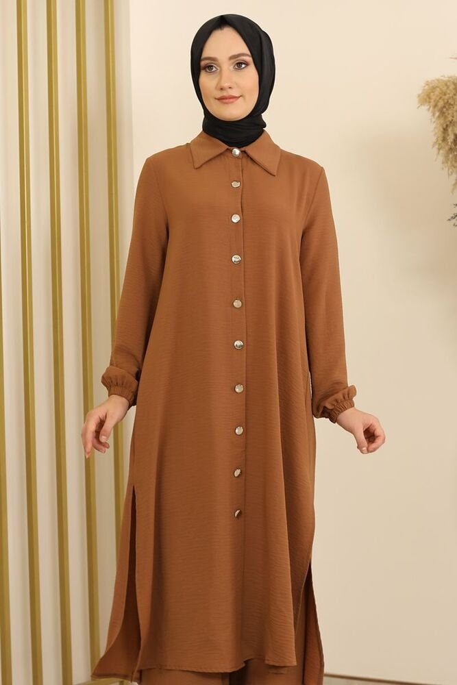Lange Hose Longtunika mit Tunika Kleidung Knöpfe, Braun Stoff Hijab Aerobin Zweiteiler Anzug Modavitrini Damen