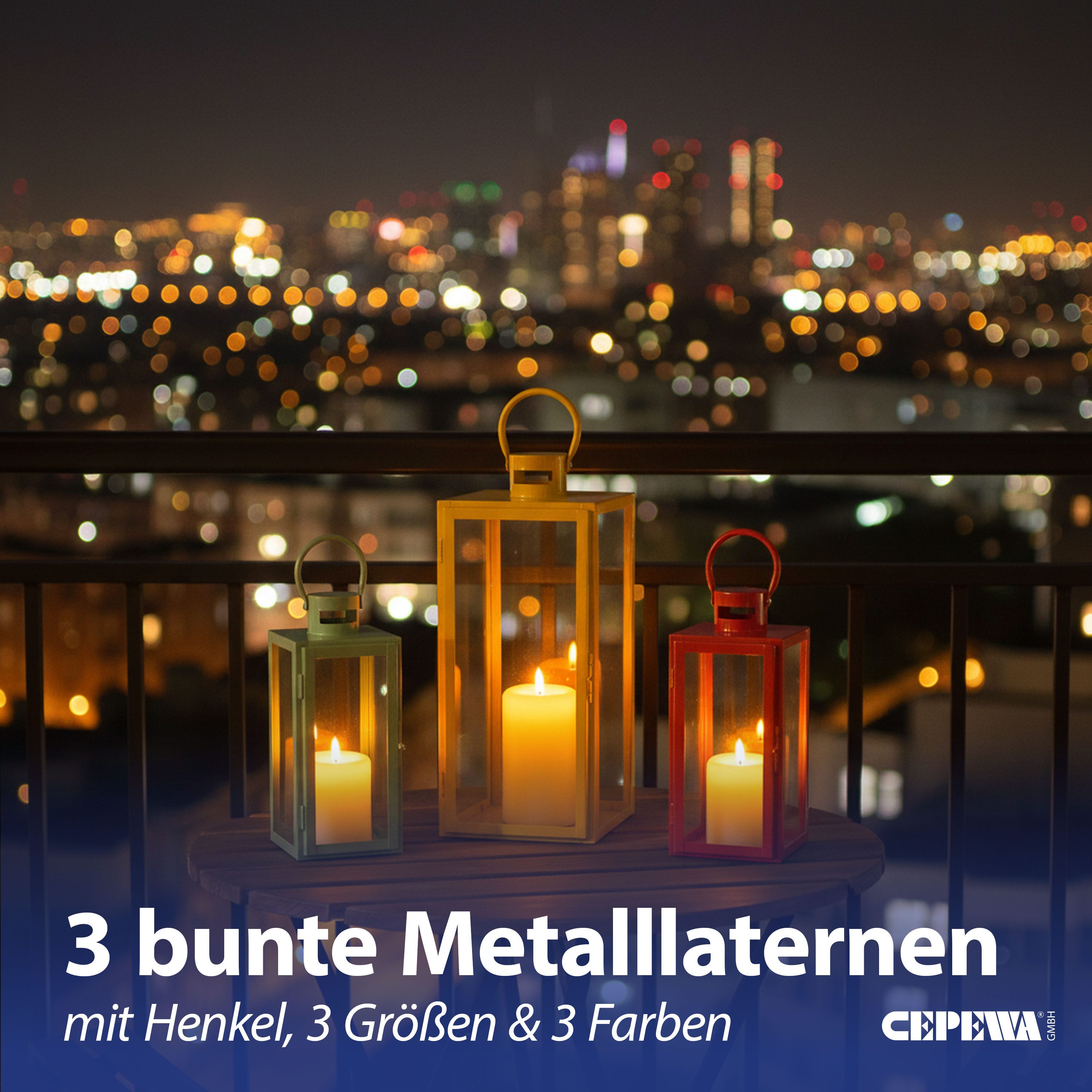 CEPEWA Laterne Laterne 3er Set grün orange gelb 3 Größen Metall Glas Windlicht Henkel