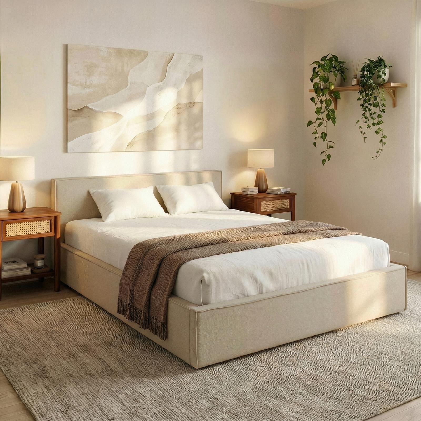 IDIMEX Polsterbett PESARO, Doppelbett 140x200 cm mit Lattenrost und Kopfteil Leinen Optik Beige