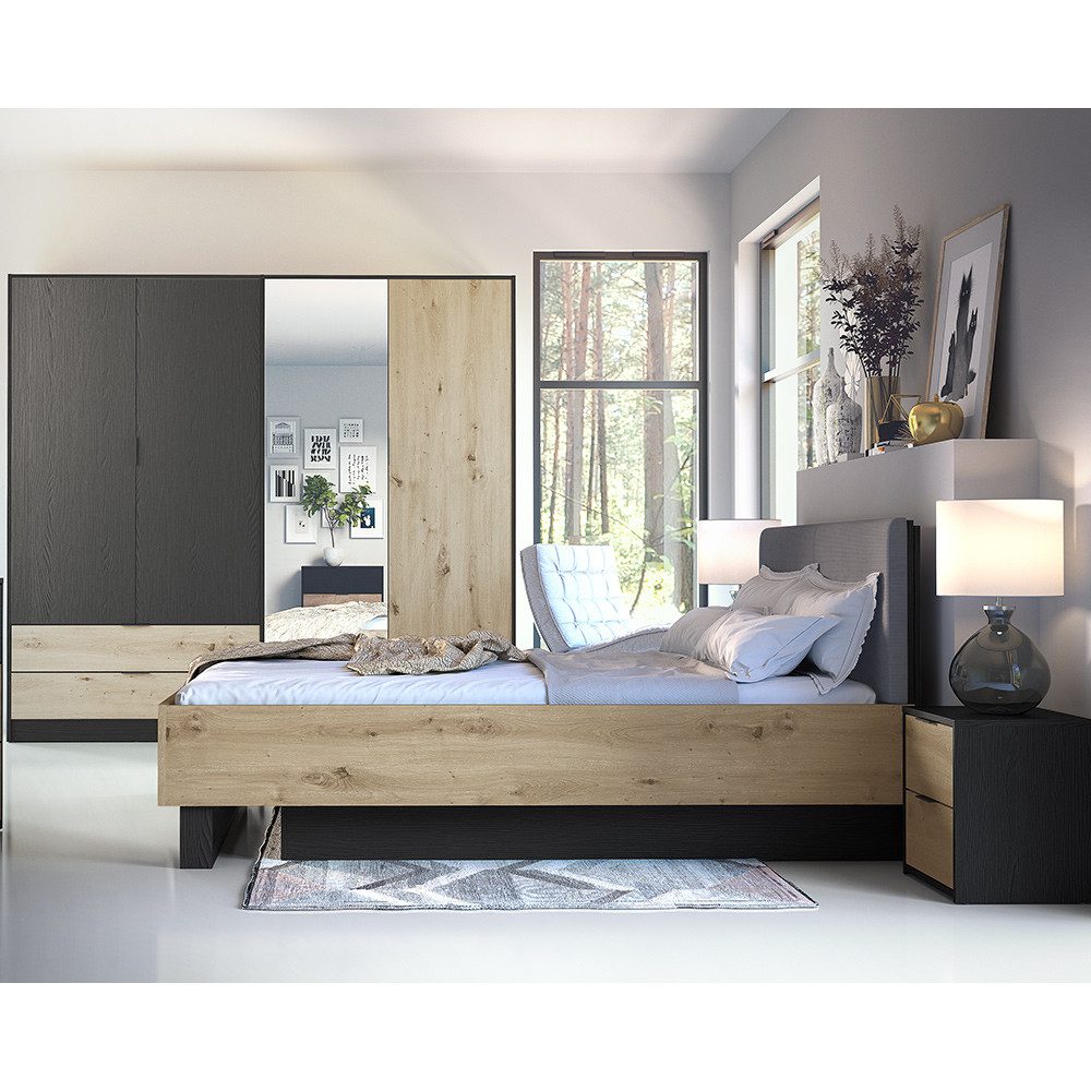 Lomadox Schlafzimmer-Set UTRECHT-166, (Spar-Set, 4-tlg., Bettgestell Nachttische Kleiderschrank), in Eiche und graphit, Bett 160x200cm, aufklappbares Lattenrost