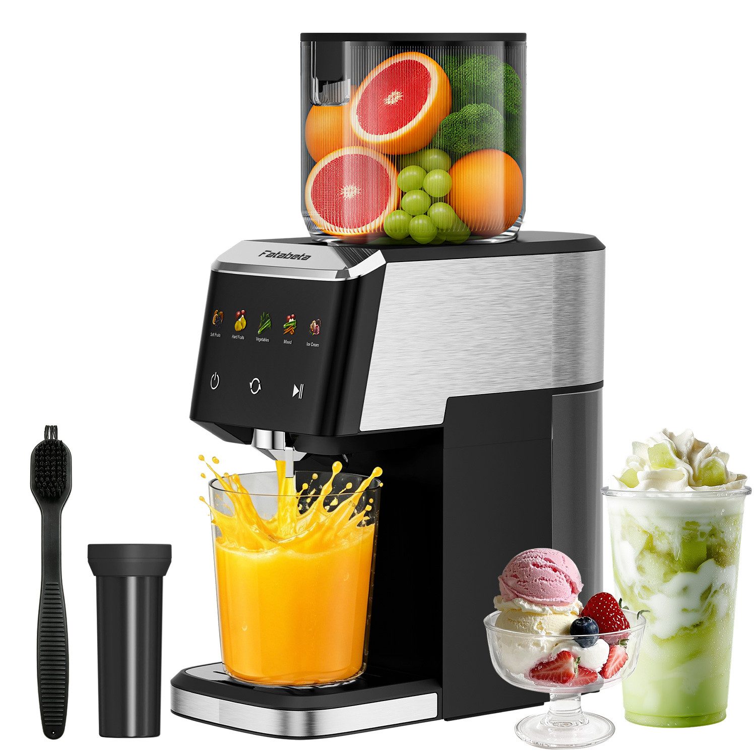 FATABETA Slow Juicer Entsafter 135MM großer Öffnung, Für ganze Früchte und Gemüse, 150 W, BPA-Frei, Hohe Saftausbeute, Erhalt der Nährstoffe mit 2 Bechern