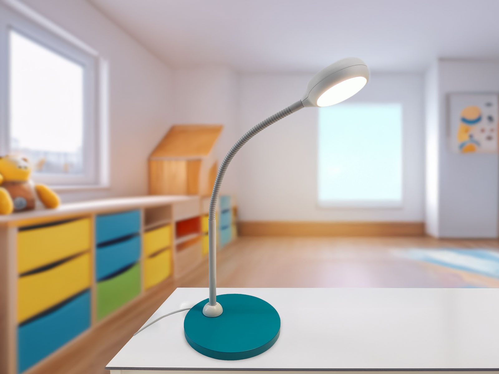 niermann LED Schreibtischlampe, Flexarm, LED wechselbar, Warmweiß, Leselampe Bett und Nachttisch-Lampe mit Holz-Fuß & Schwanenhals, 43cm