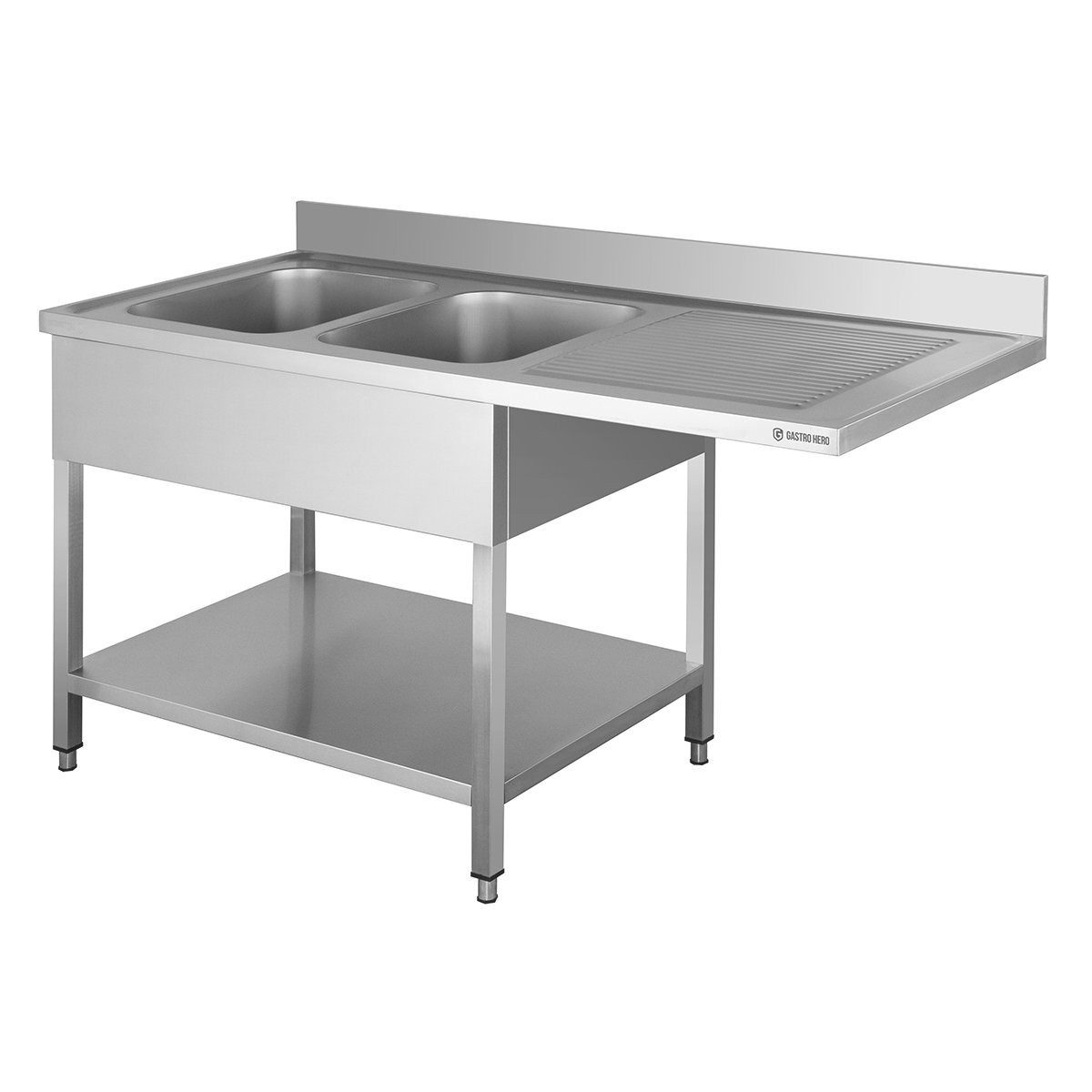 GastroHero Arbeitstisch Spülbecken Edelstahl Gastro 160 cm 2 Becken links Ablage
