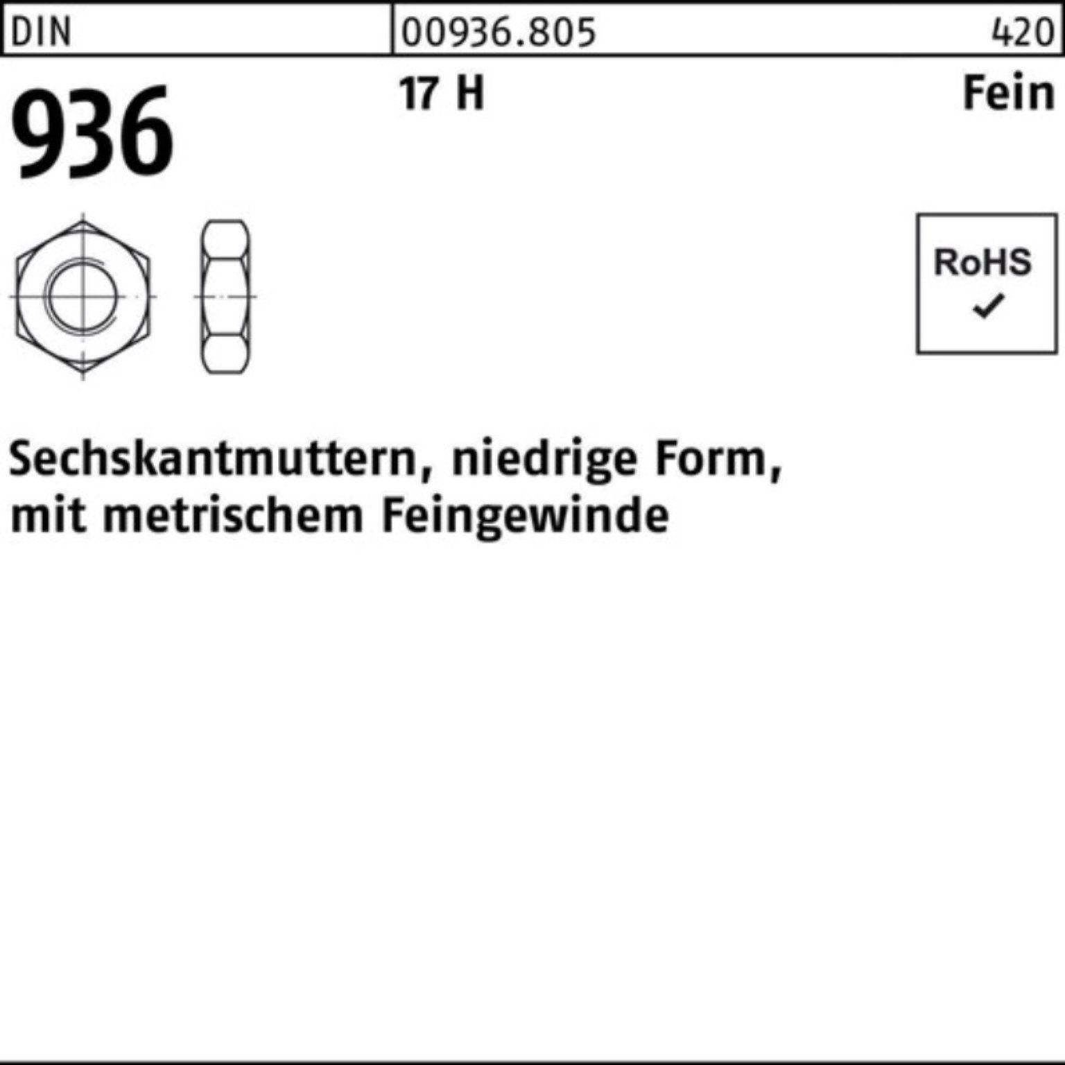 Reyher Muttern 100er Pack Sechskantmutter DIN 936 M20x 1,5 17 H 50 Stück DIN 936 17